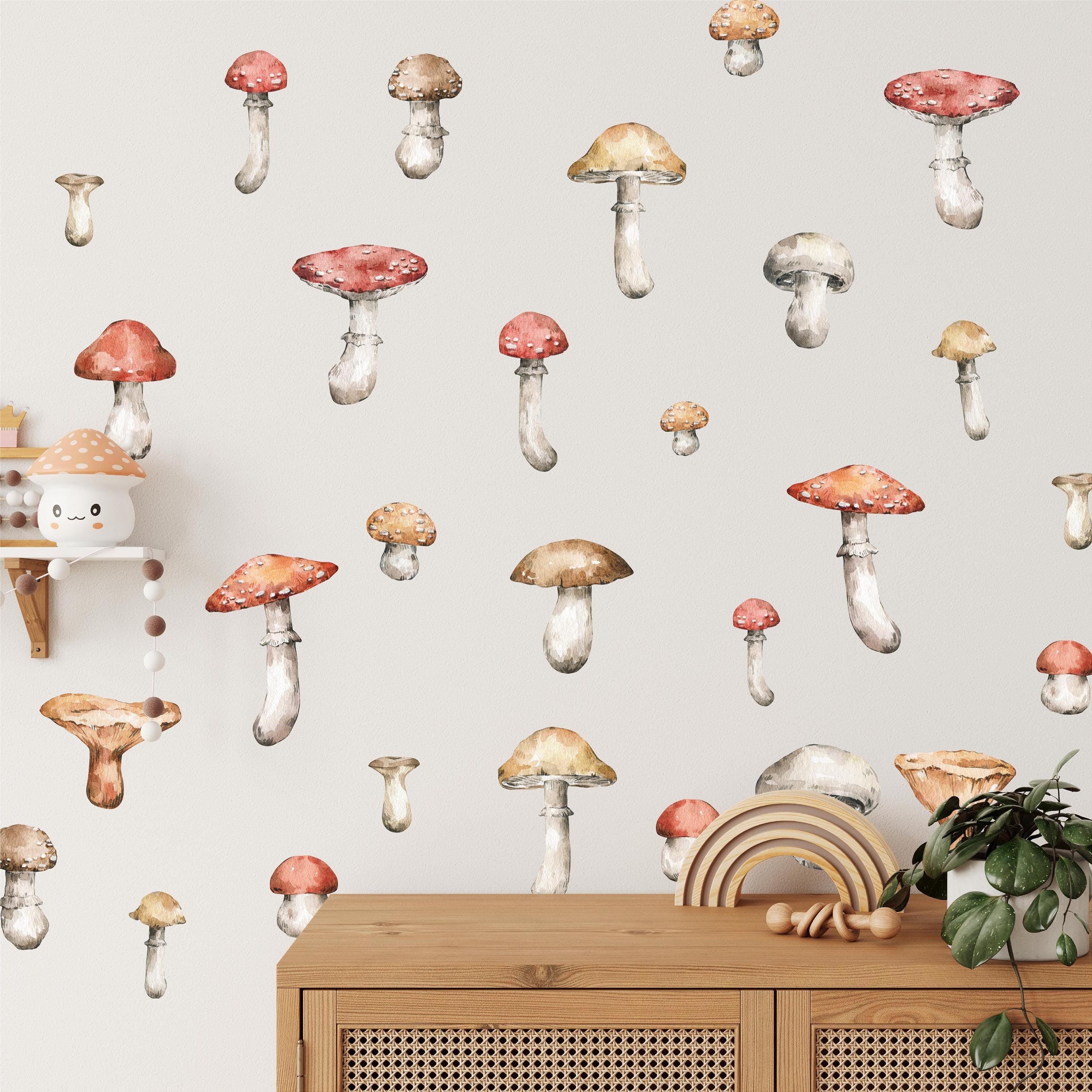 Whimsical Mushrooms Fabric Wall Decal Set, Mushroom Wall Art, Woodland Forest, Fauna, Removable Repositionable, Peel & Stick, Nursery Decor