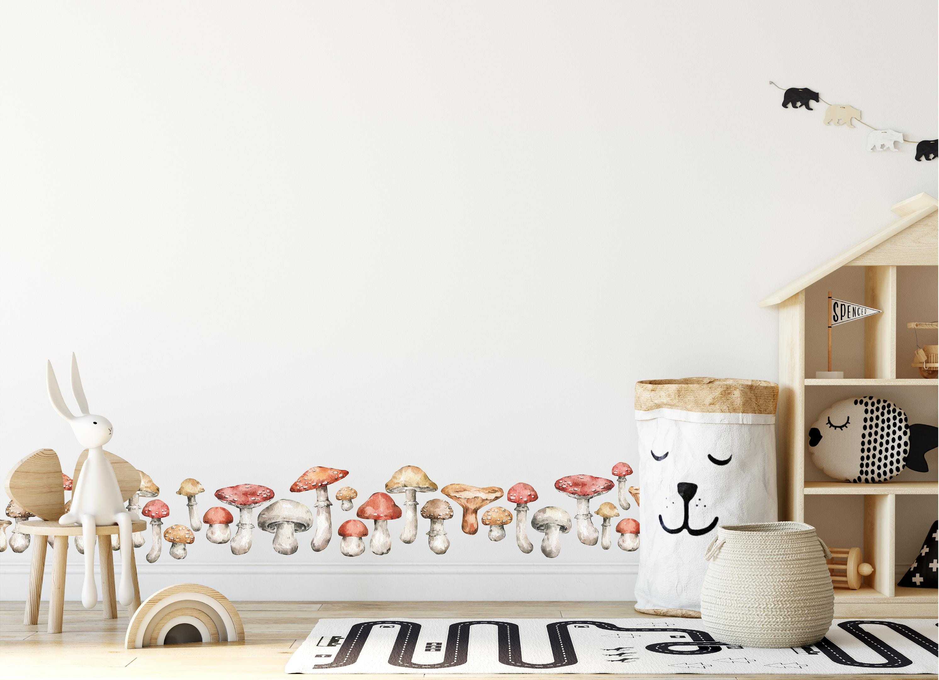 Whimsical Mushrooms Fabric Wall Decal Set, Mushroom Wall Art, Woodland Forest, Fauna, Removable Repositionable, Peel & Stick, Nursery Decor