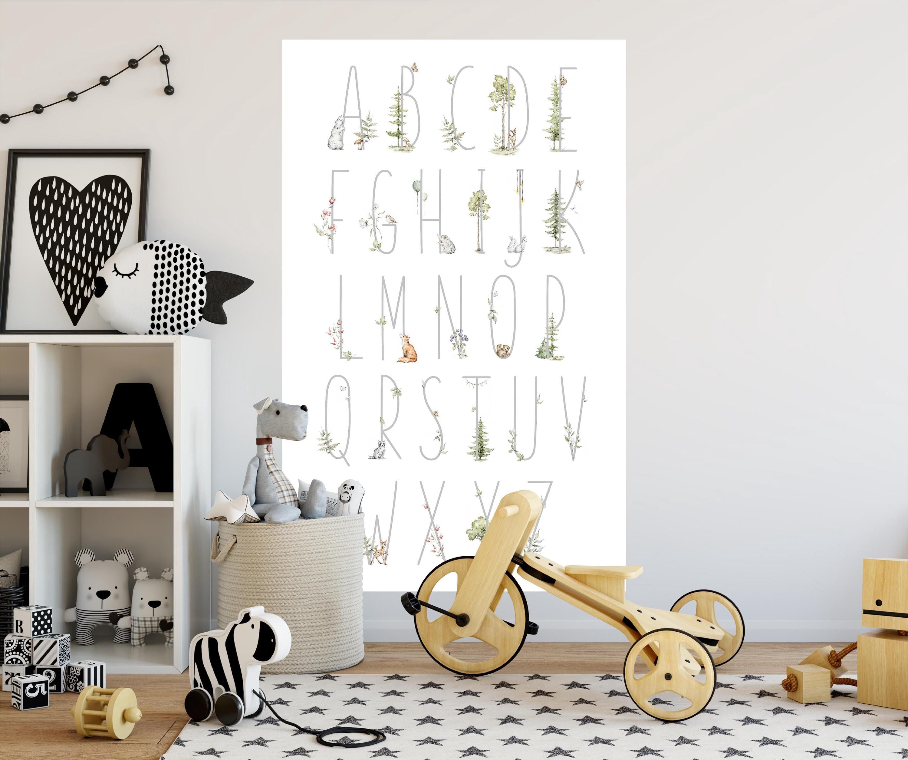 Woodland Forest Animals Alphabet Mural Wall Decal Removable & Repositionable Peel and Stick Adhesive Fabric Wall Sticker