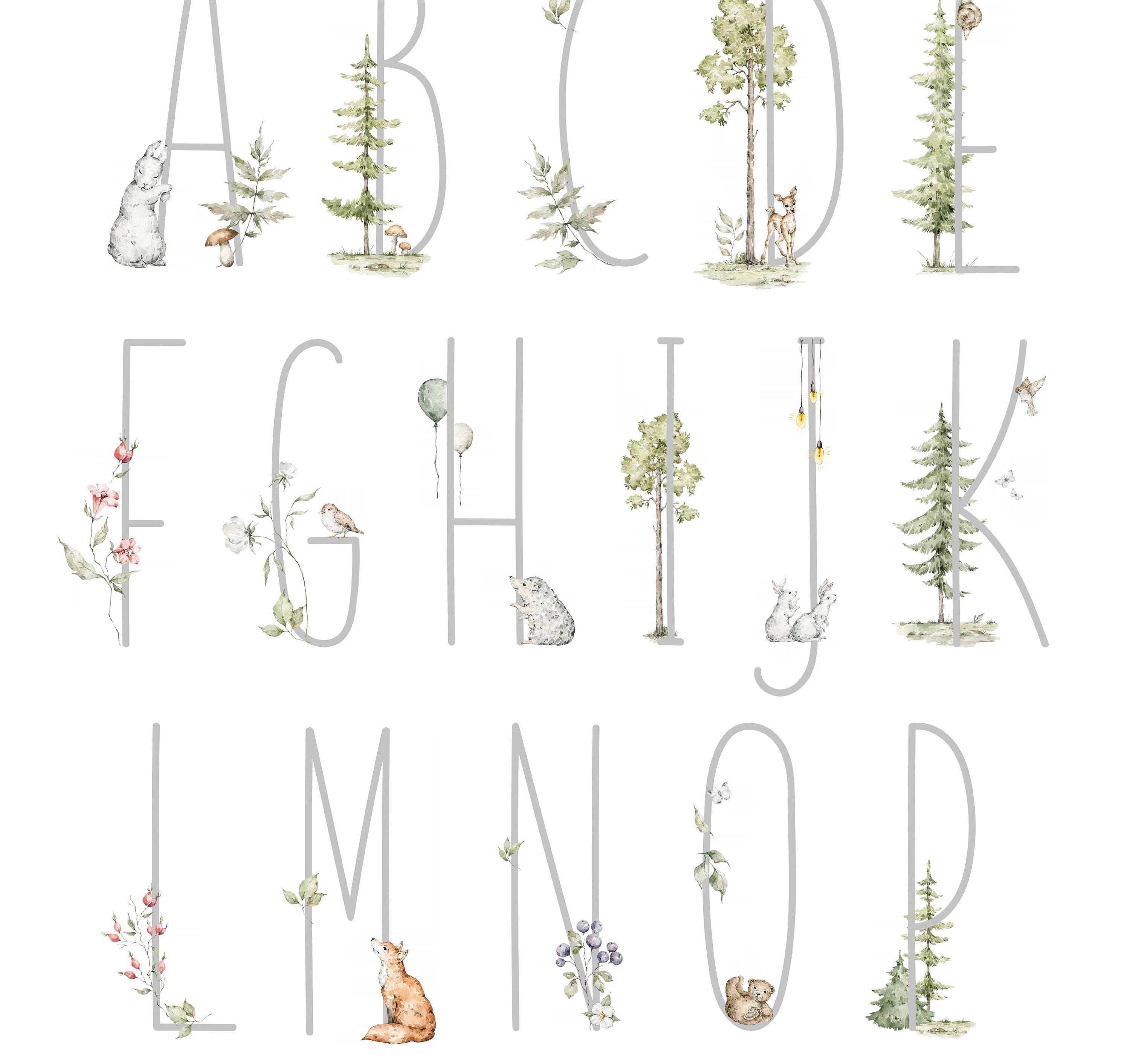 Woodland Forest Animals Alphabet Mural Wall Decal Removable & Repositionable Peel and Stick Adhesive Fabric Wall Sticker
