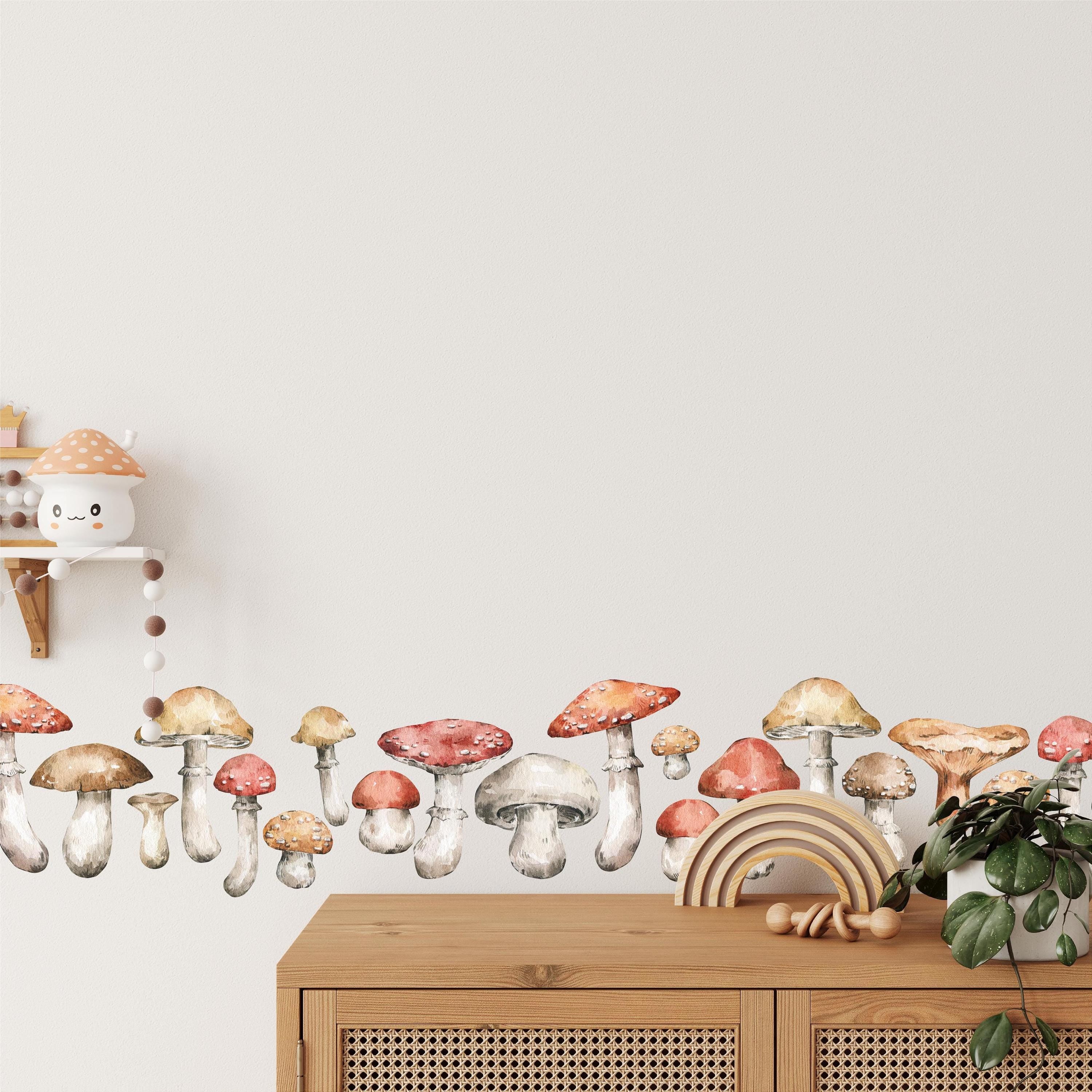Whimsical Mushrooms Fabric Wall Decal Set, Mushroom Wall Art, Woodland Forest, Fauna, Removable Repositionable, Peel & Stick, Nursery Decor
