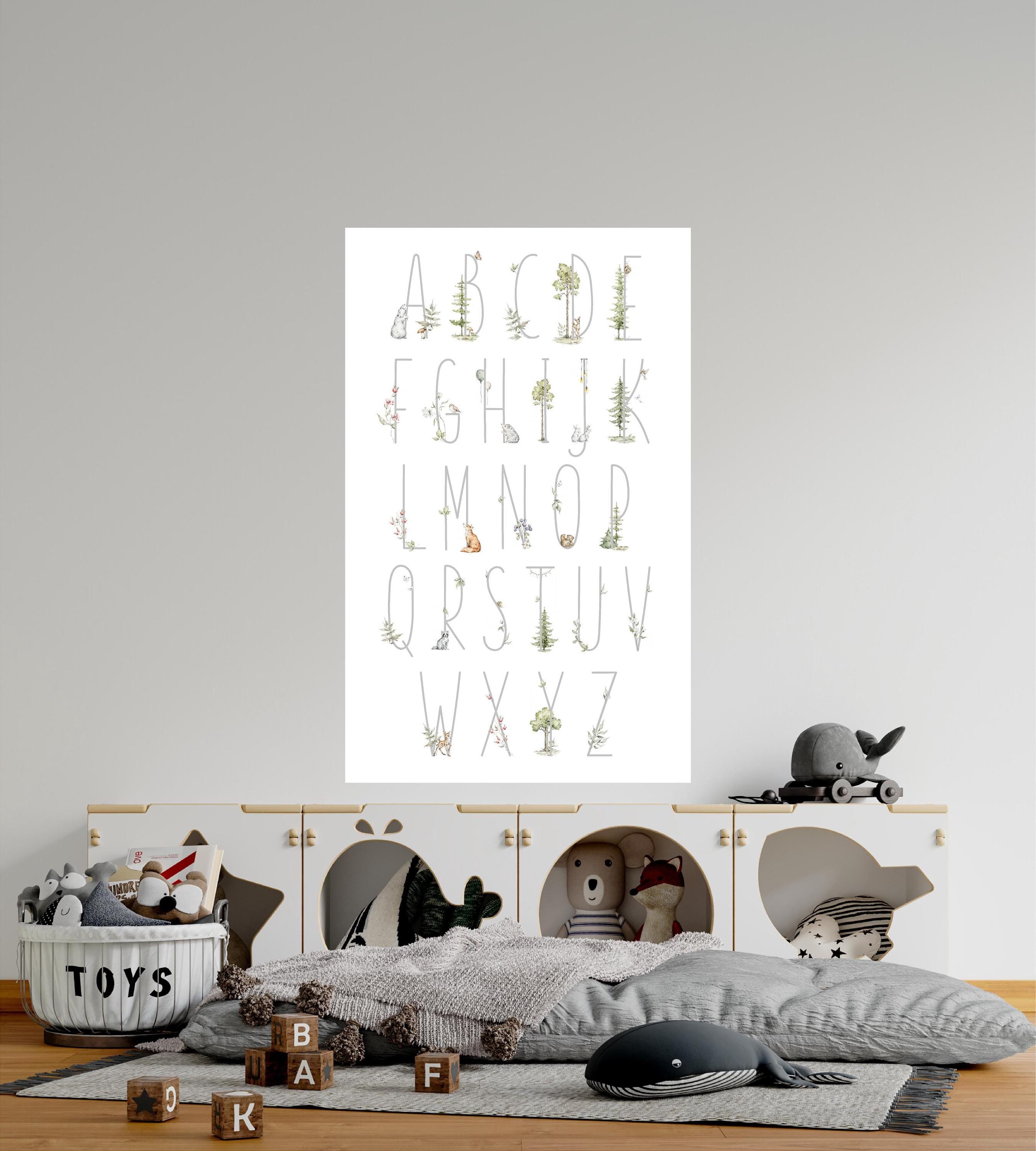 Woodland Forest Animals Alphabet Mural Wall Decal Removable & Repositionable Peel and Stick Adhesive Fabric Wall Sticker