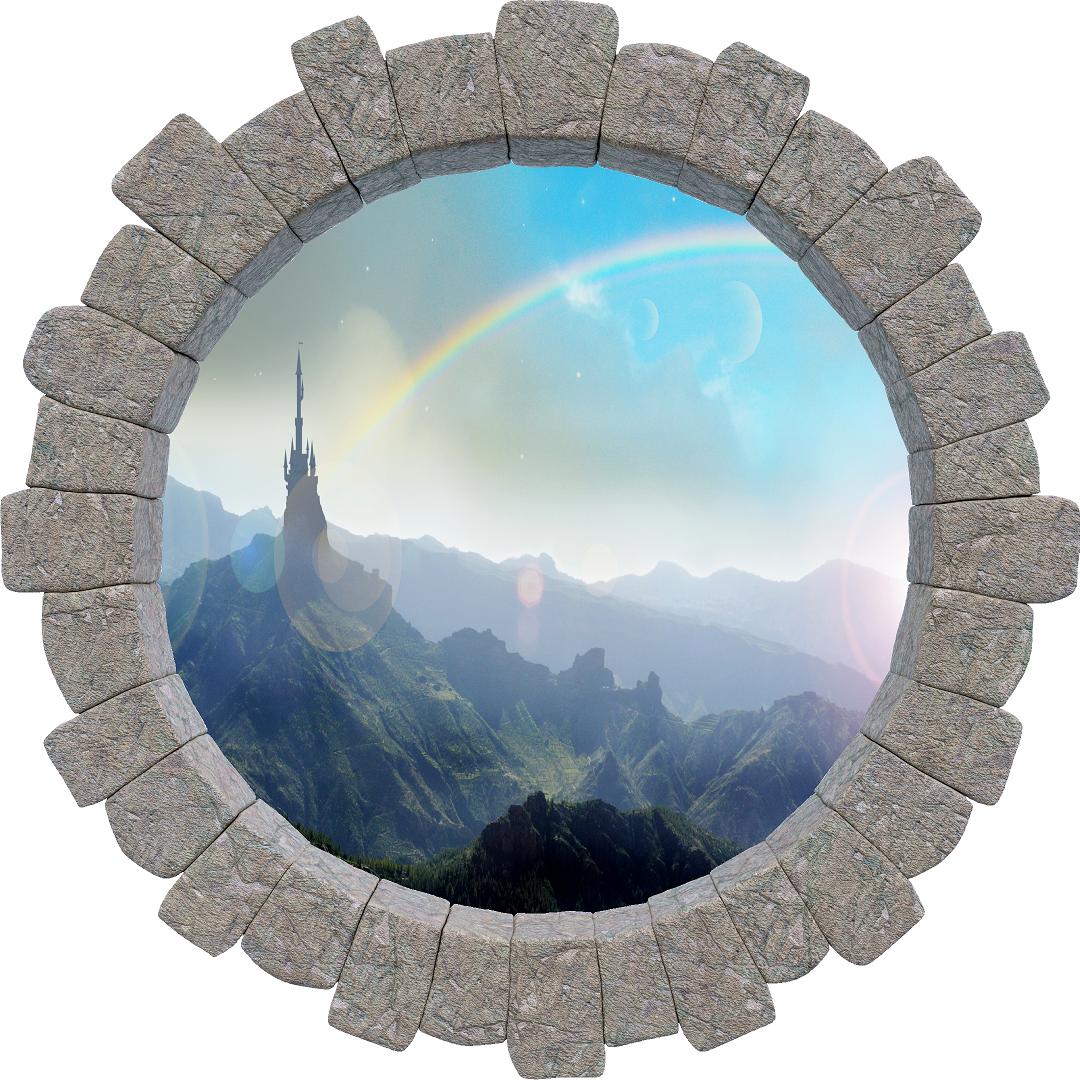 3D Stone Hole Wall Decal Rainbow Over Fairytale Castle Mountain Fabric Wall Sticker | DecalBaby