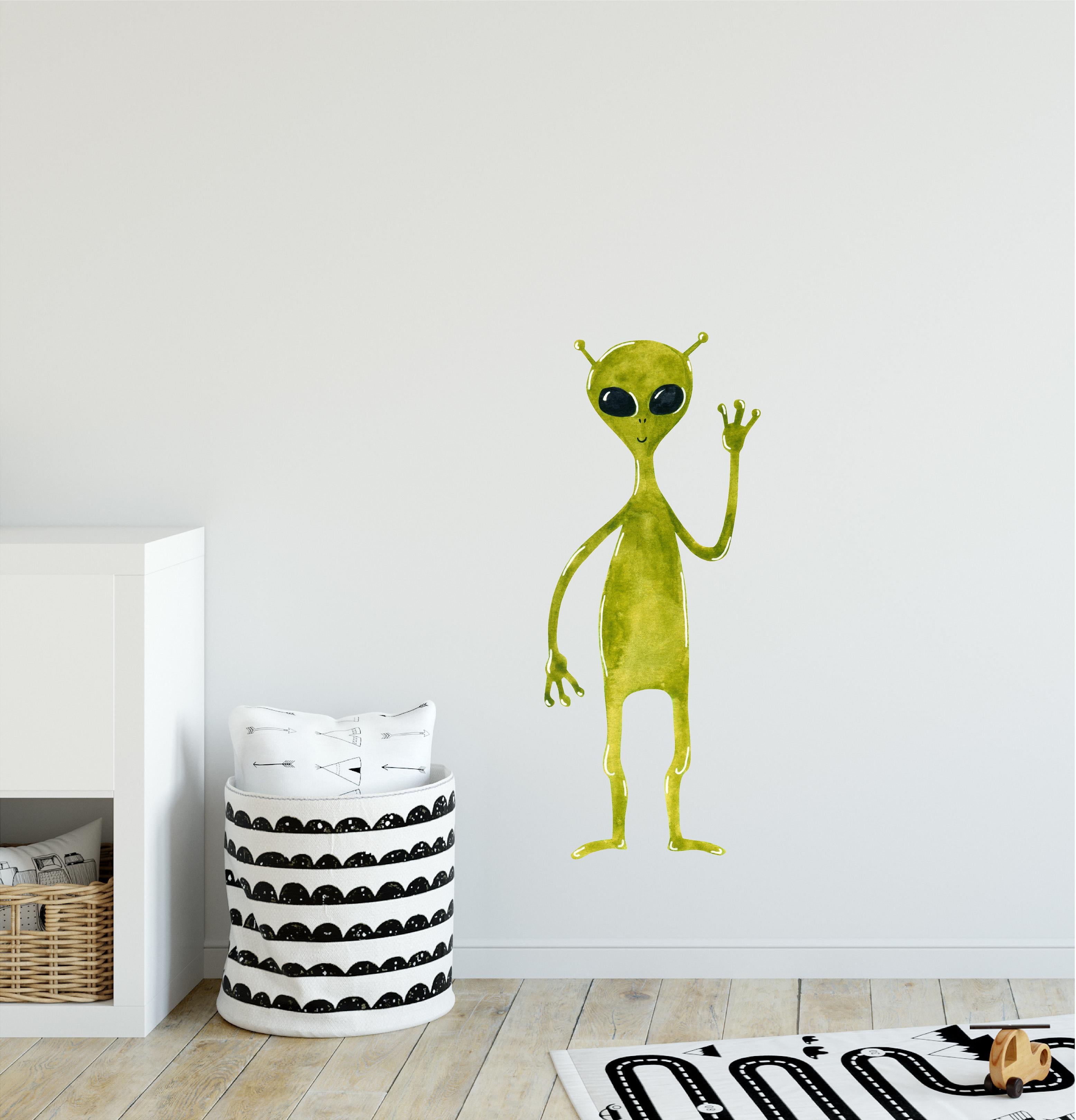 Watercolor Green Alien Wall Decal Outer Space UFO Wall Sticker Extraterrestrial Fabric Vinyl Wall Sticker | DecalBaby