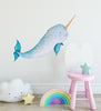 Baby Narwhal Watercolor Wall Decal Removable Fabric Vinyl Cute Sea Animal Unicorn Wall Sticker