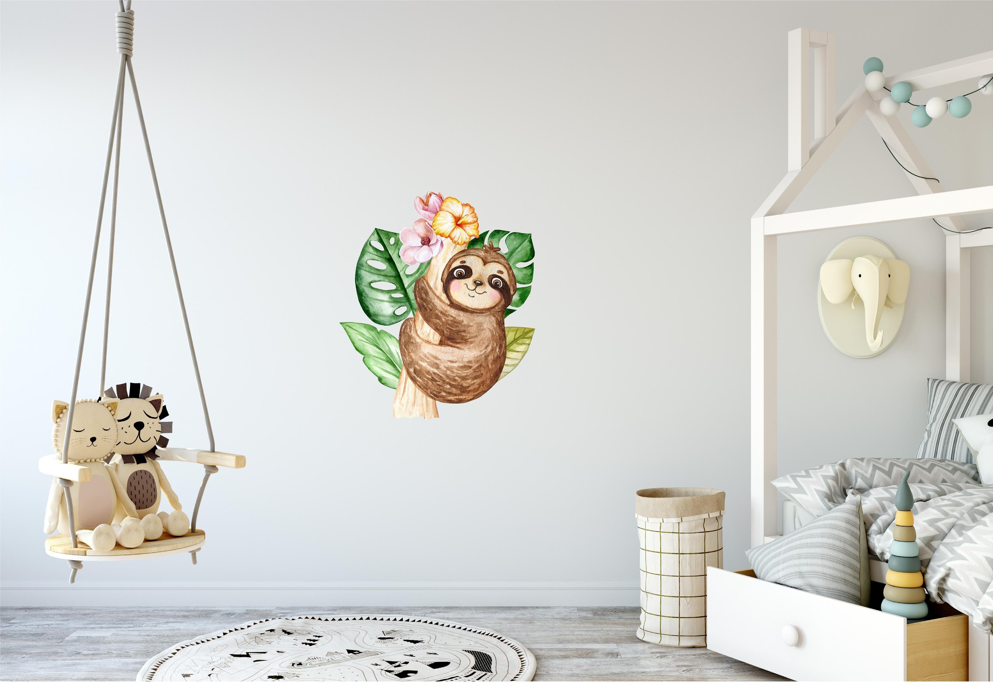 Baby Sloth In Tropical Leaves & Flowers Wall Decal Fabric Wall Sticker | DecalBaby