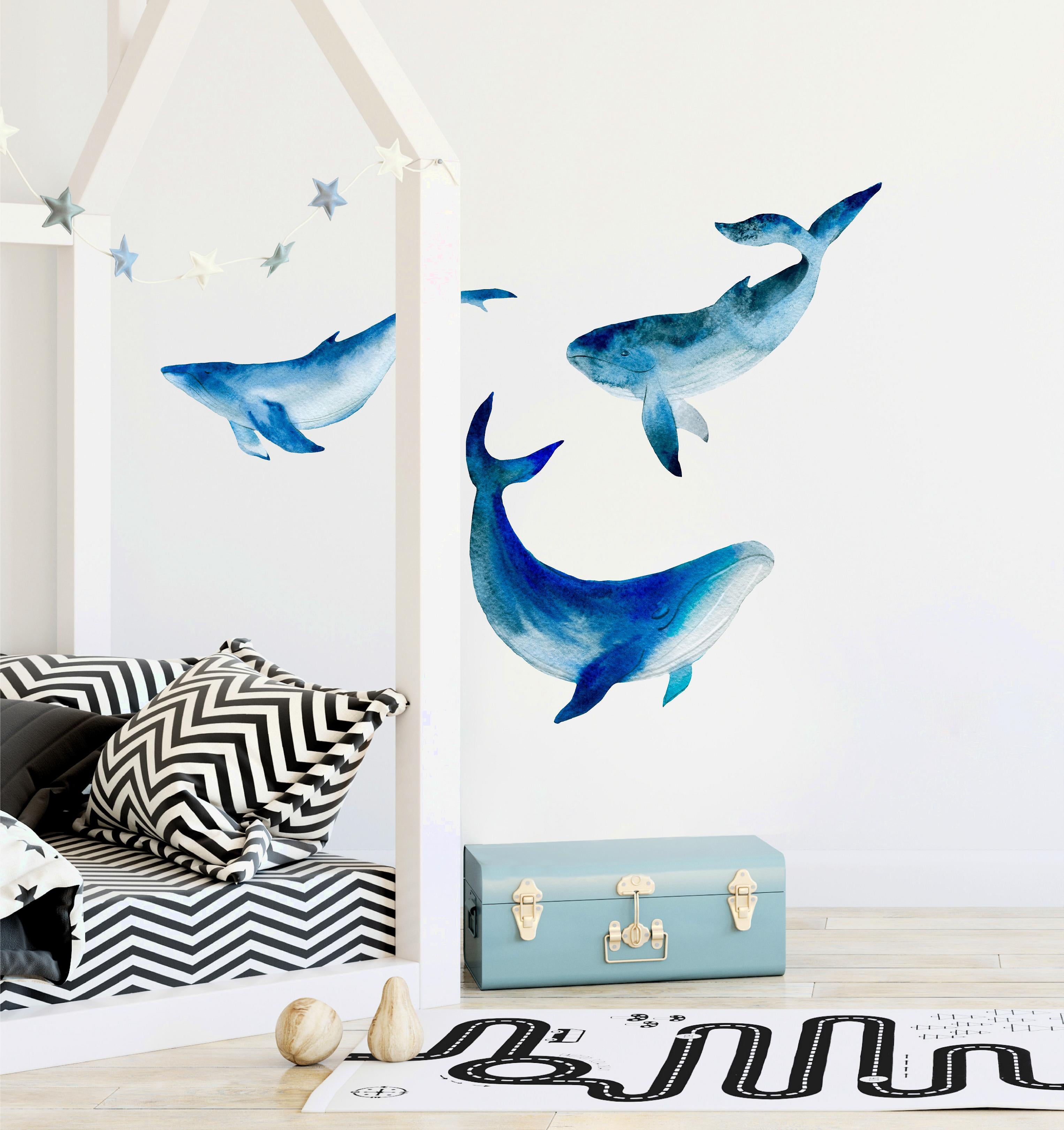 Watercolor Blue Whales Set of 3 Wall Decal Ocean Sea Life Removable Fabric Wall Sticker | DecalBaby