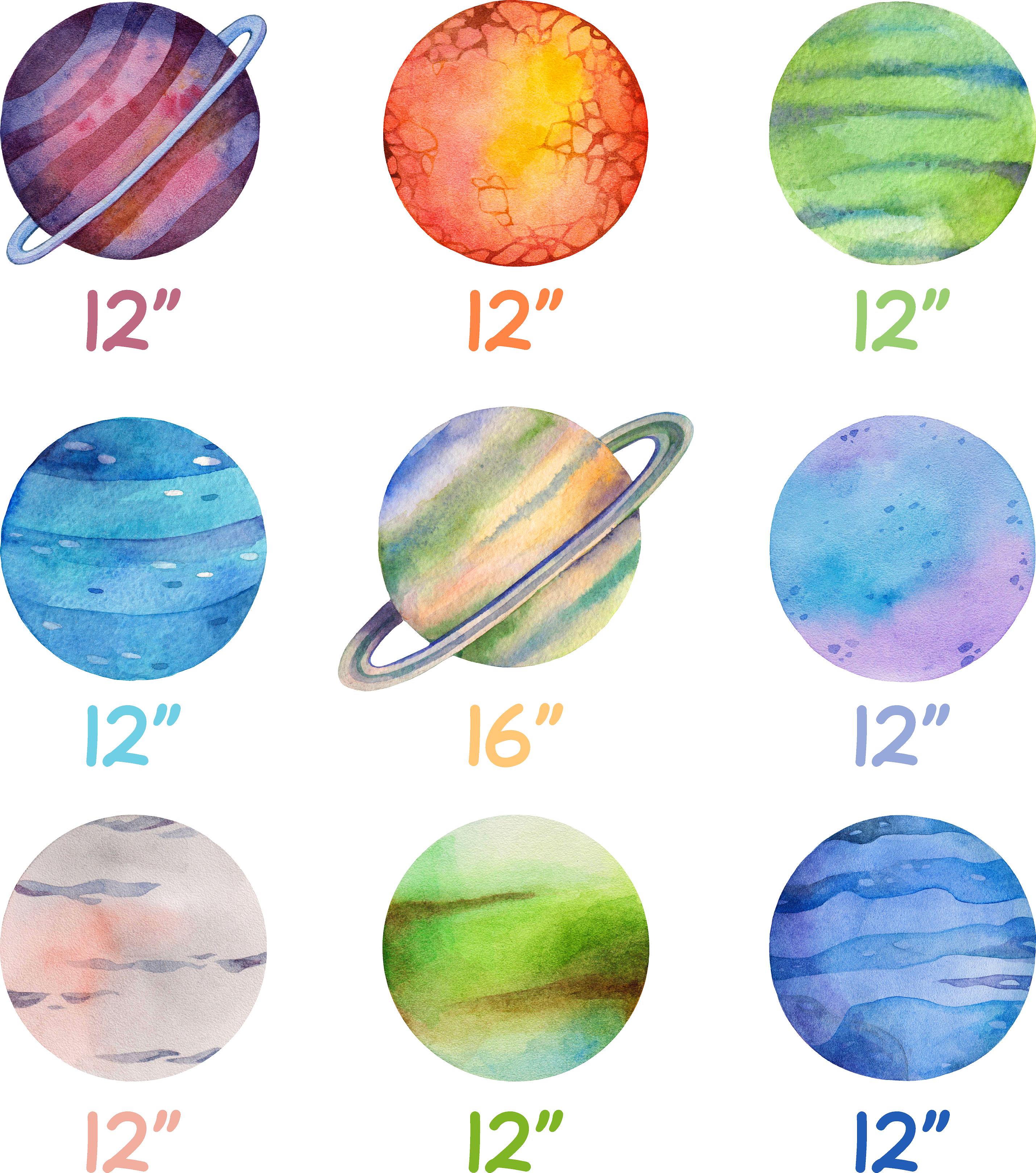 Colorful Planets Wall Decal Set of 9 Watercolor Solar System Wall Stickers Space Theme | DecalBaby