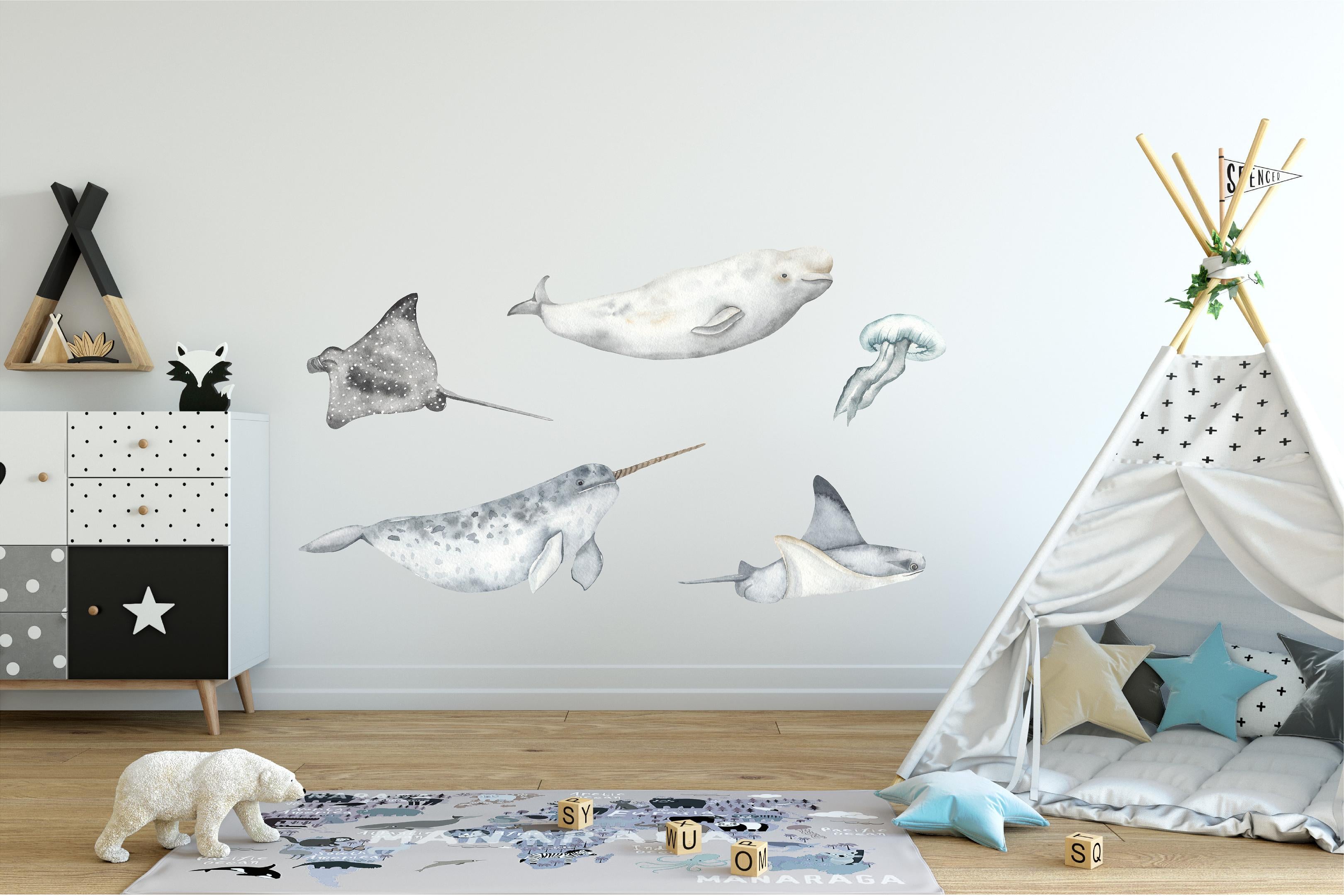 Gray Marine Life Set #3 Wall Decal Ocean Sea Life Removable Fabric Wall Sticker | DecalBaby