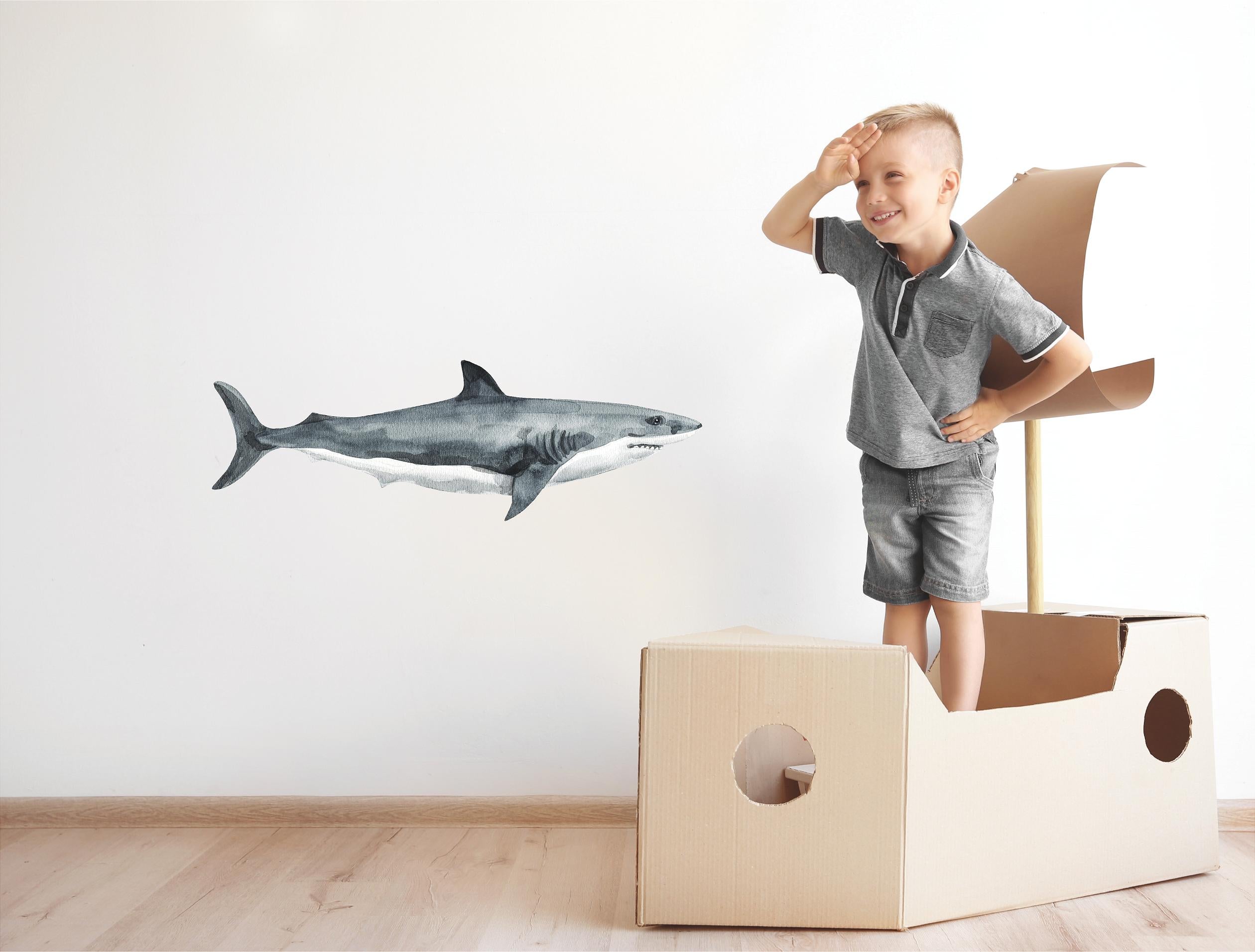 Watercolor Great White Shark Wall Decal Removable Under the Sea Animal Fabric Vinyl Wall Sticker | DecalBaby