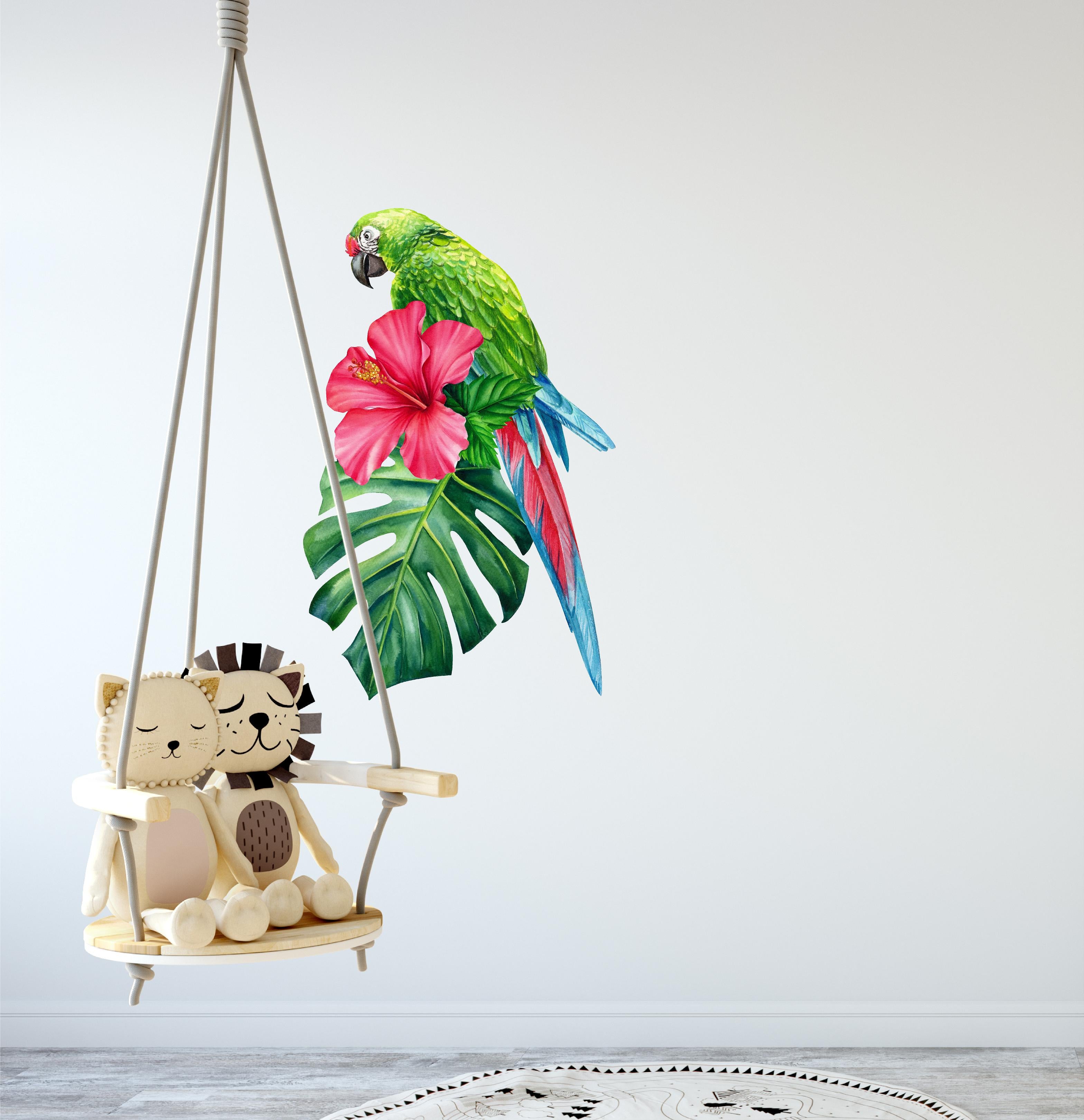 Green Macaw Parrot Hibiscus Flower & Monstera Leaf Wall Decal Fabric Wall Sticker | DecalBaby