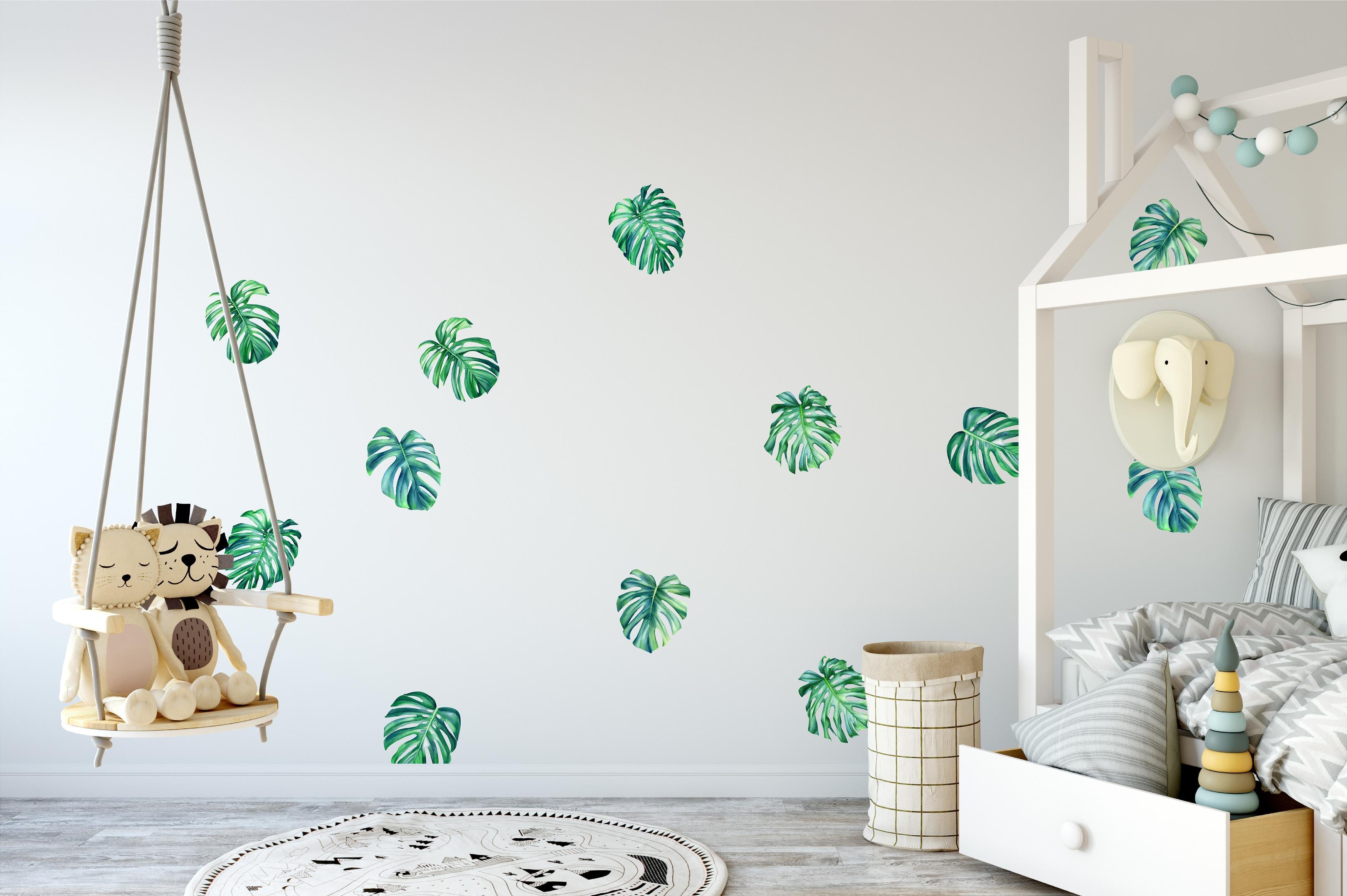 Green Tropical Monstera Leaves Fabric Wall Decal Safari SMALL Set of 6 | DecalBaby