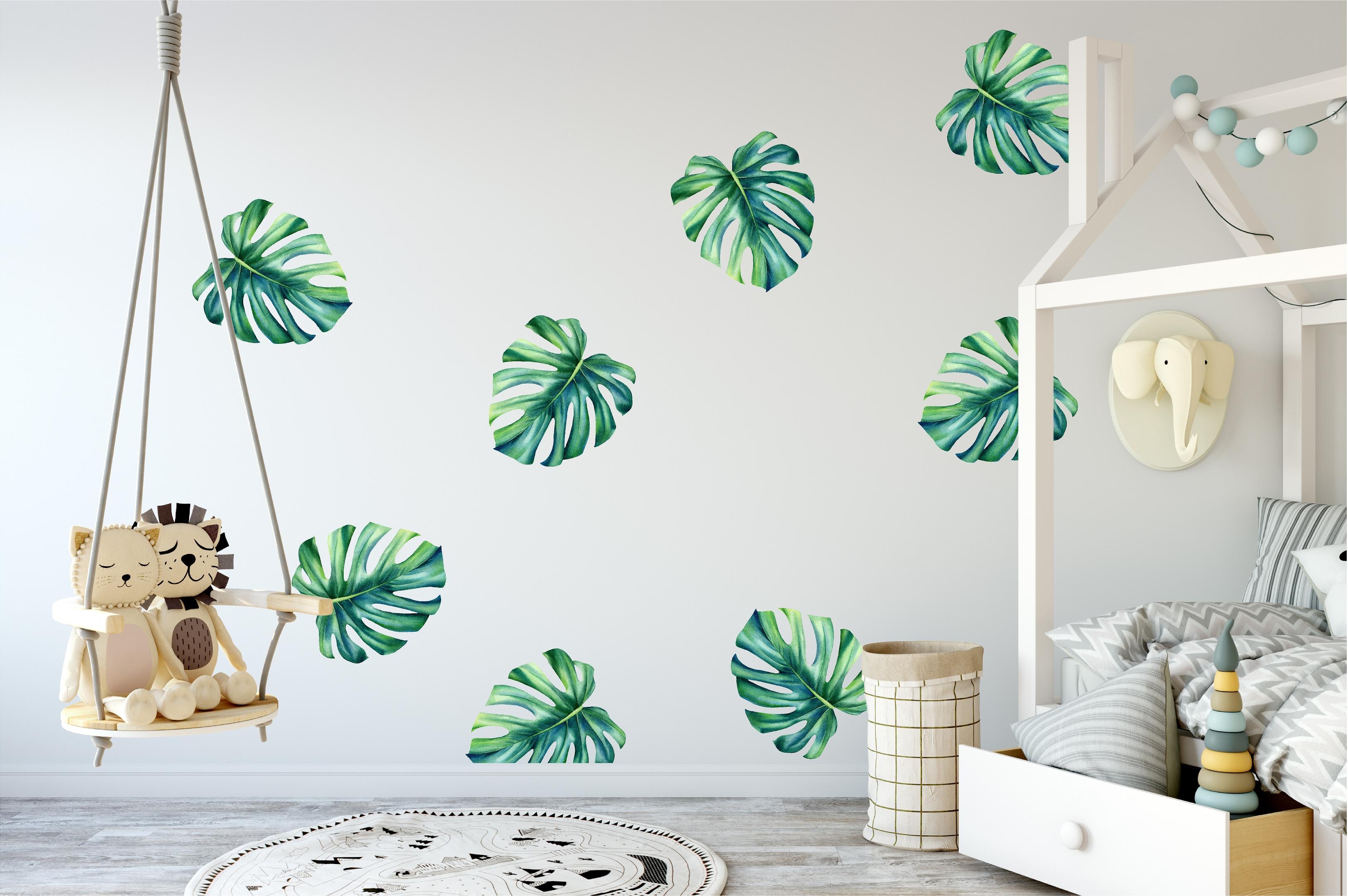 Green Tropical Monstera Leaves Fabric Wall Decal Safari MEDIUM Set of 4 | DecalBaby