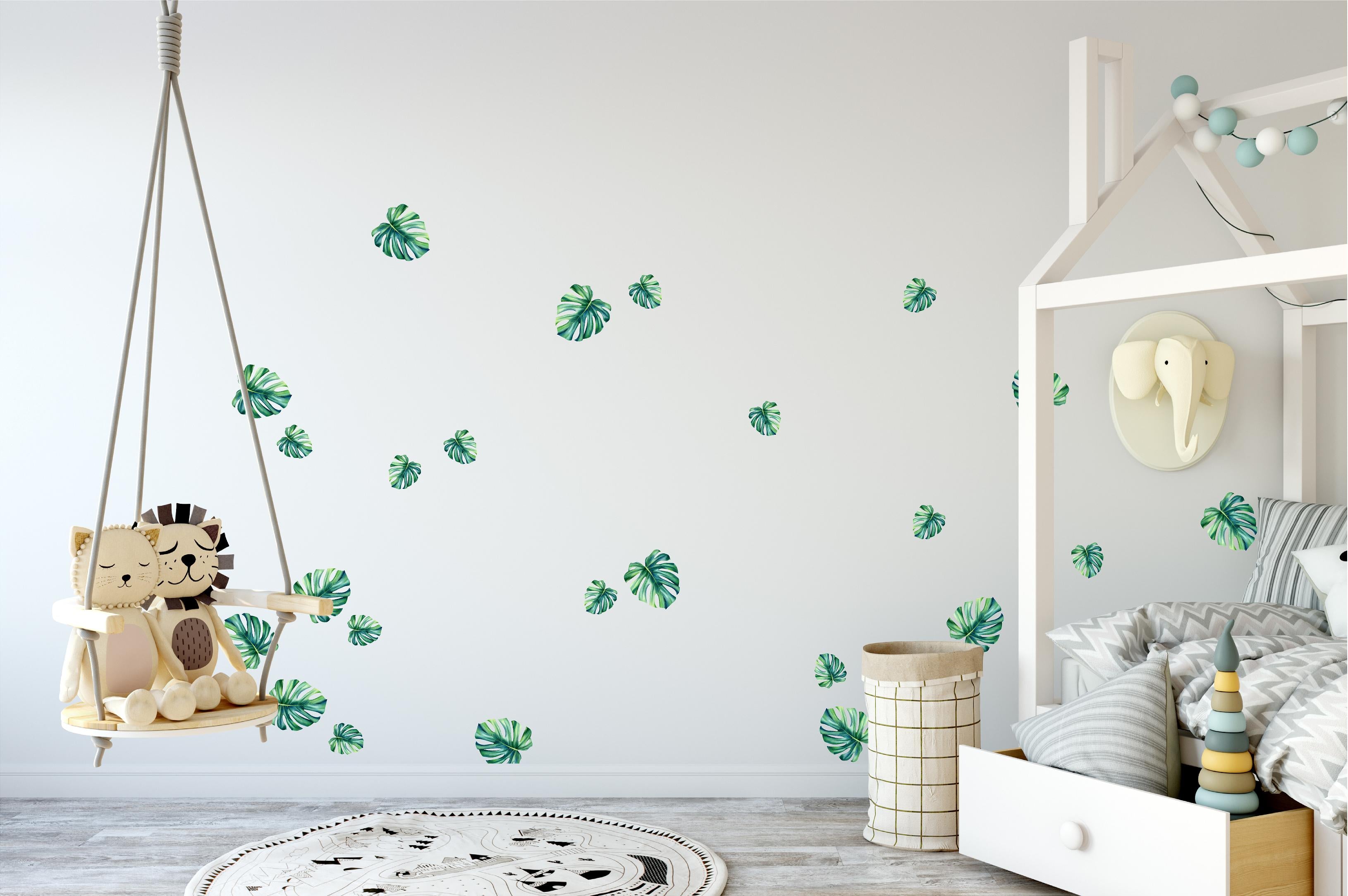 Green Tropical Monstera Leaves Fabric Wall Decal Safari SMALL Set of 24 | DecalBaby