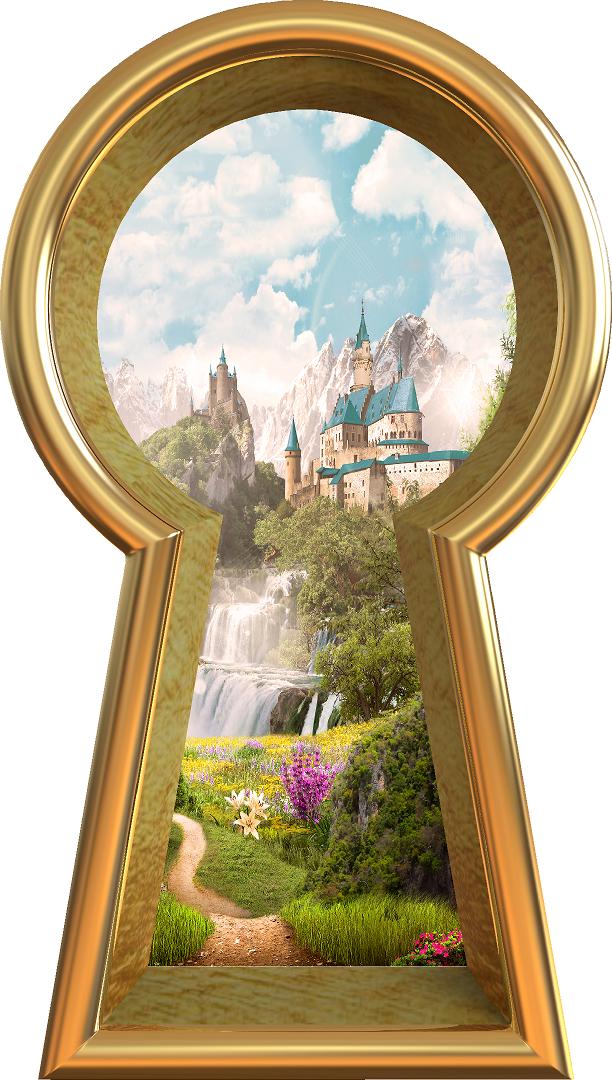 Keyhole Fabric Wall Decal Fairytale Castle Waterfall Mountain View Removable Wall Sticker | DecalBaby