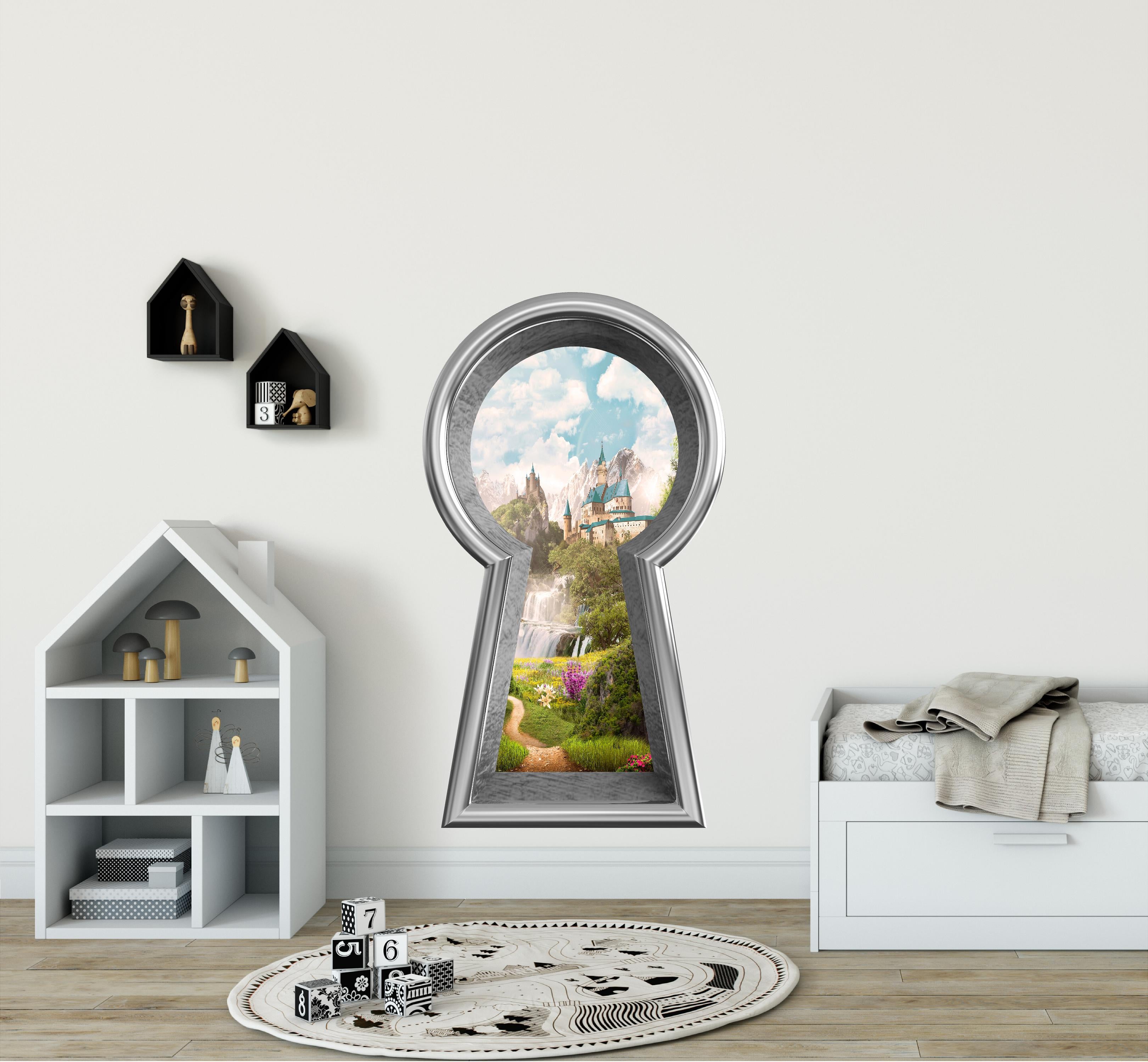 Keyhole Fabric Wall Decal Fairytale Castle Waterfall Mountain View Removable Wall Sticker | DecalBaby