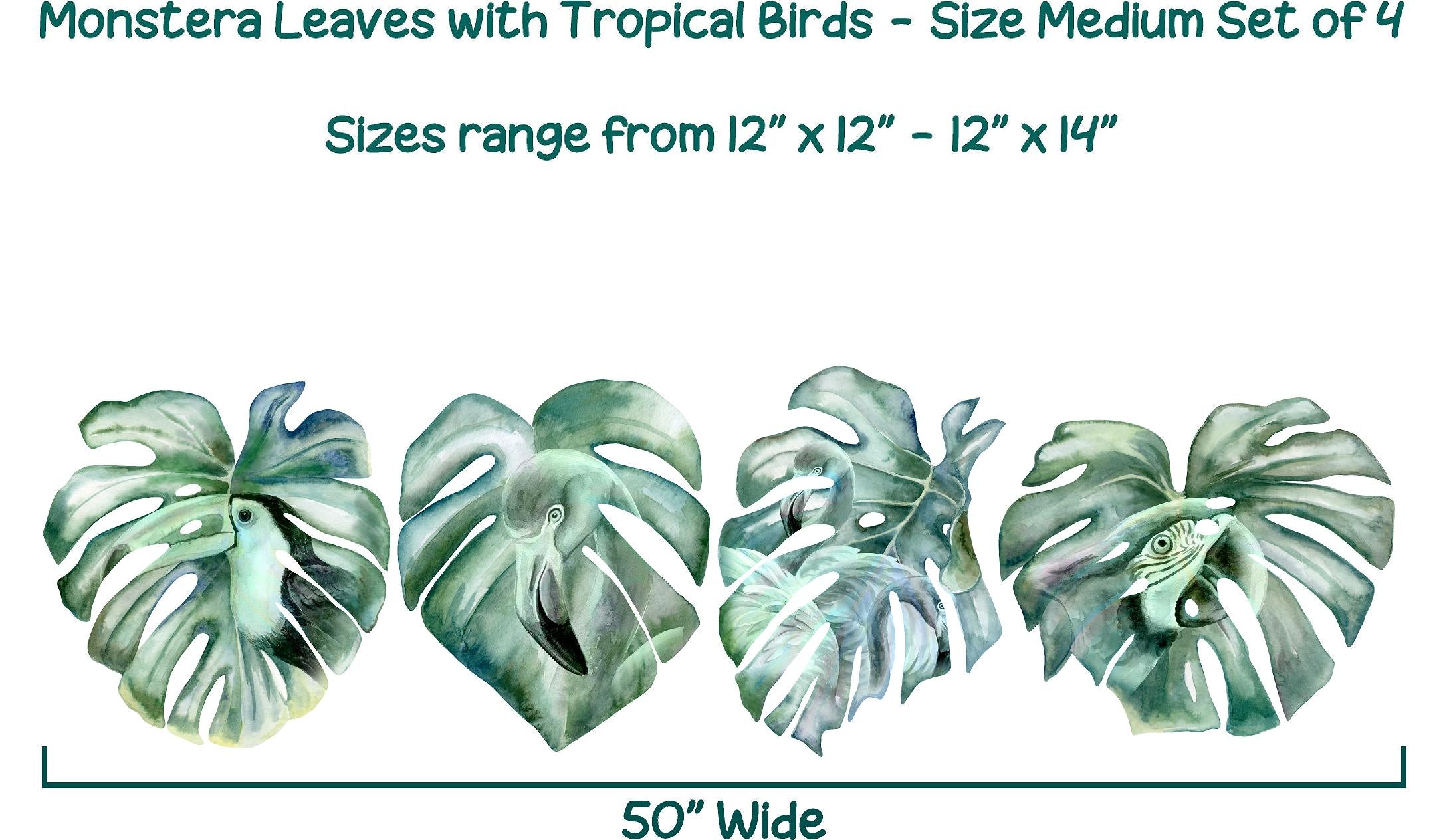 Monstera Leaves with Green Tropical Birds Wall Decal Set Safari MEDIUM Set of 4 | DecalBaby