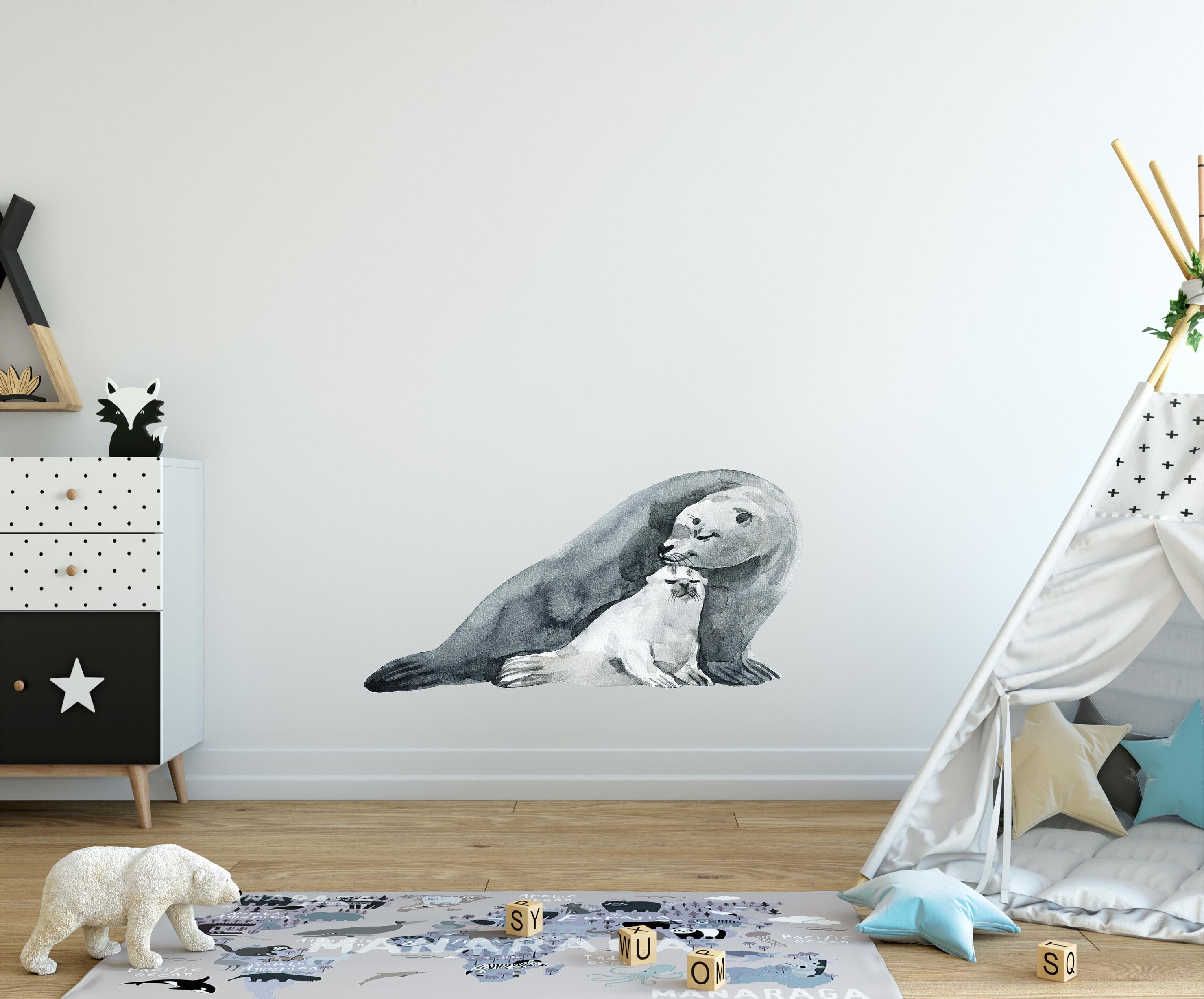 Mother Seal & Baby Seal Cub Wall Decal Removable Fabric Vinyl Wall Sticker