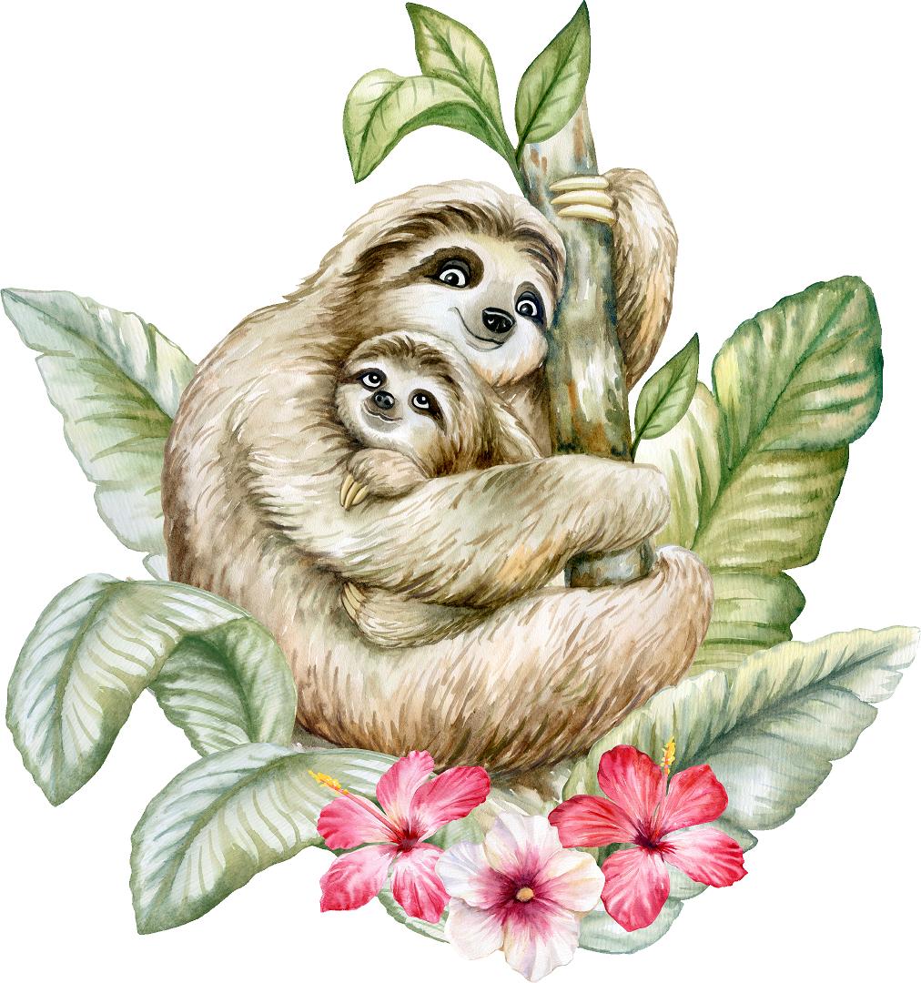 Mother Sloth with Baby Hibiscus & Palm Wall Decal Safari Animal Removable Fabric Wall Sticker | DecalBaby