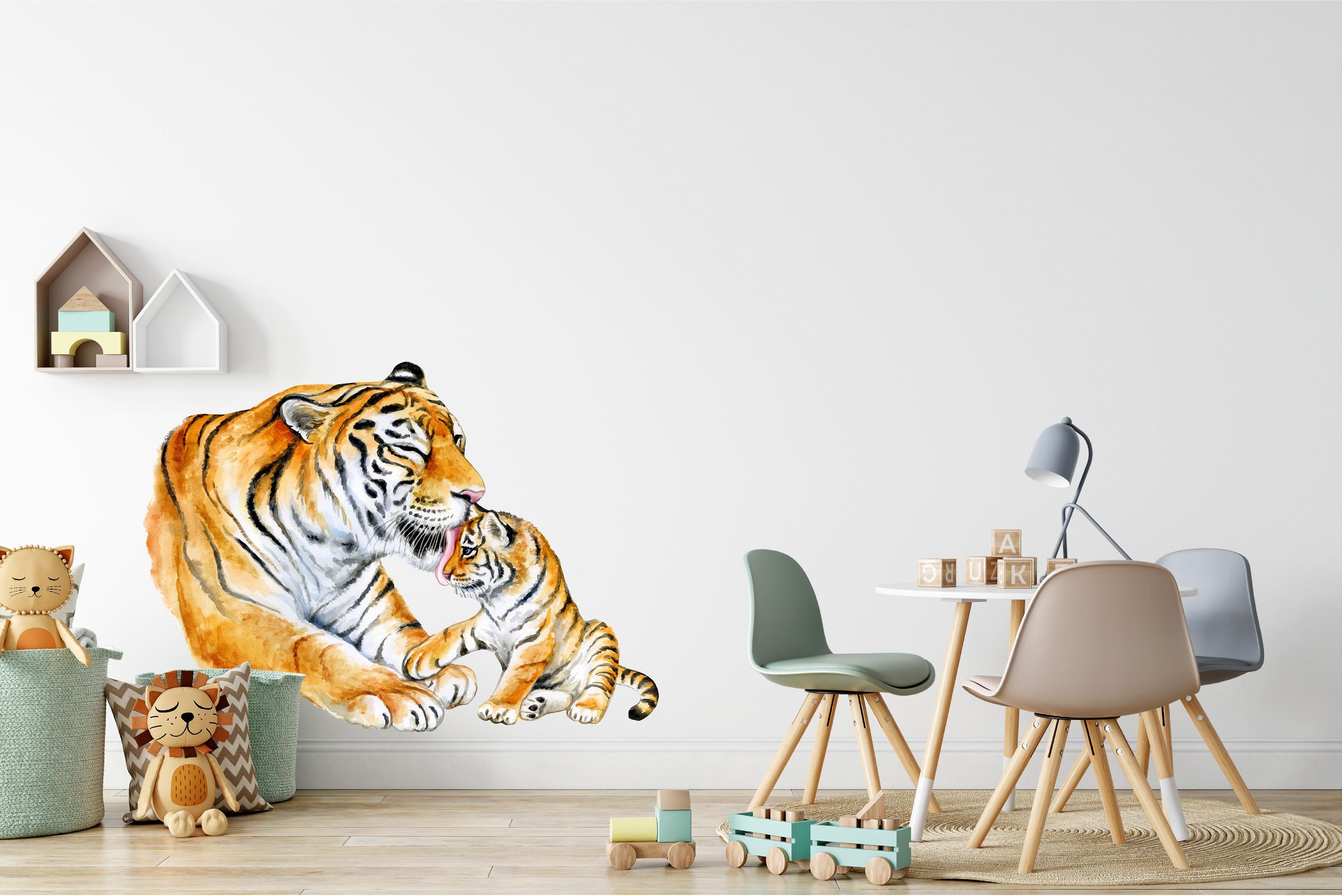 Mother Tiger Cleaning Baby Cub Wall Decal Safari Animal Fabric Wall Sticker | DecalBaby