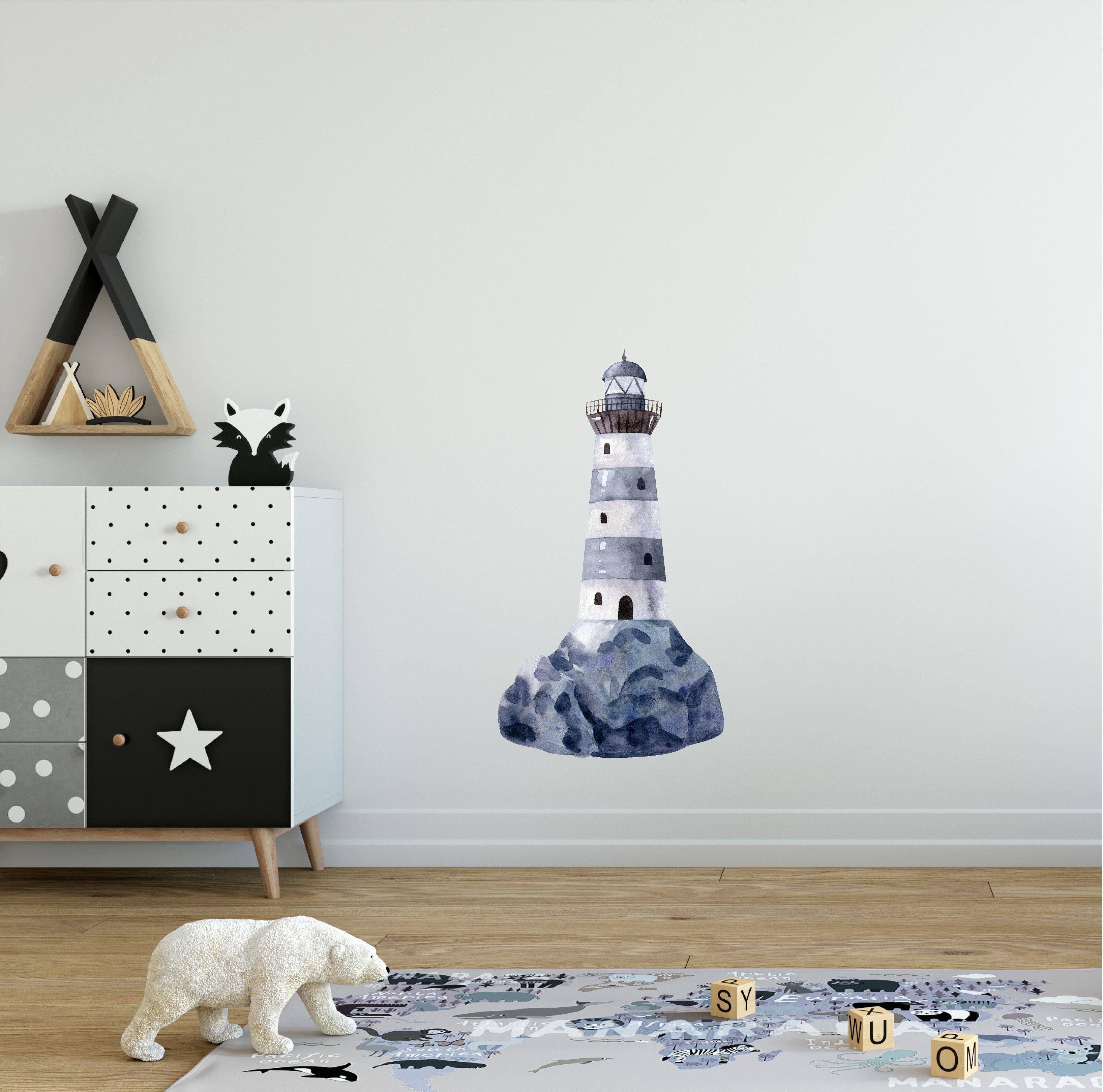 Watercolor Navy Blue Lighthouse On Rocks Wall Decal Removable Fabric Wall Sticker | DecalBaby