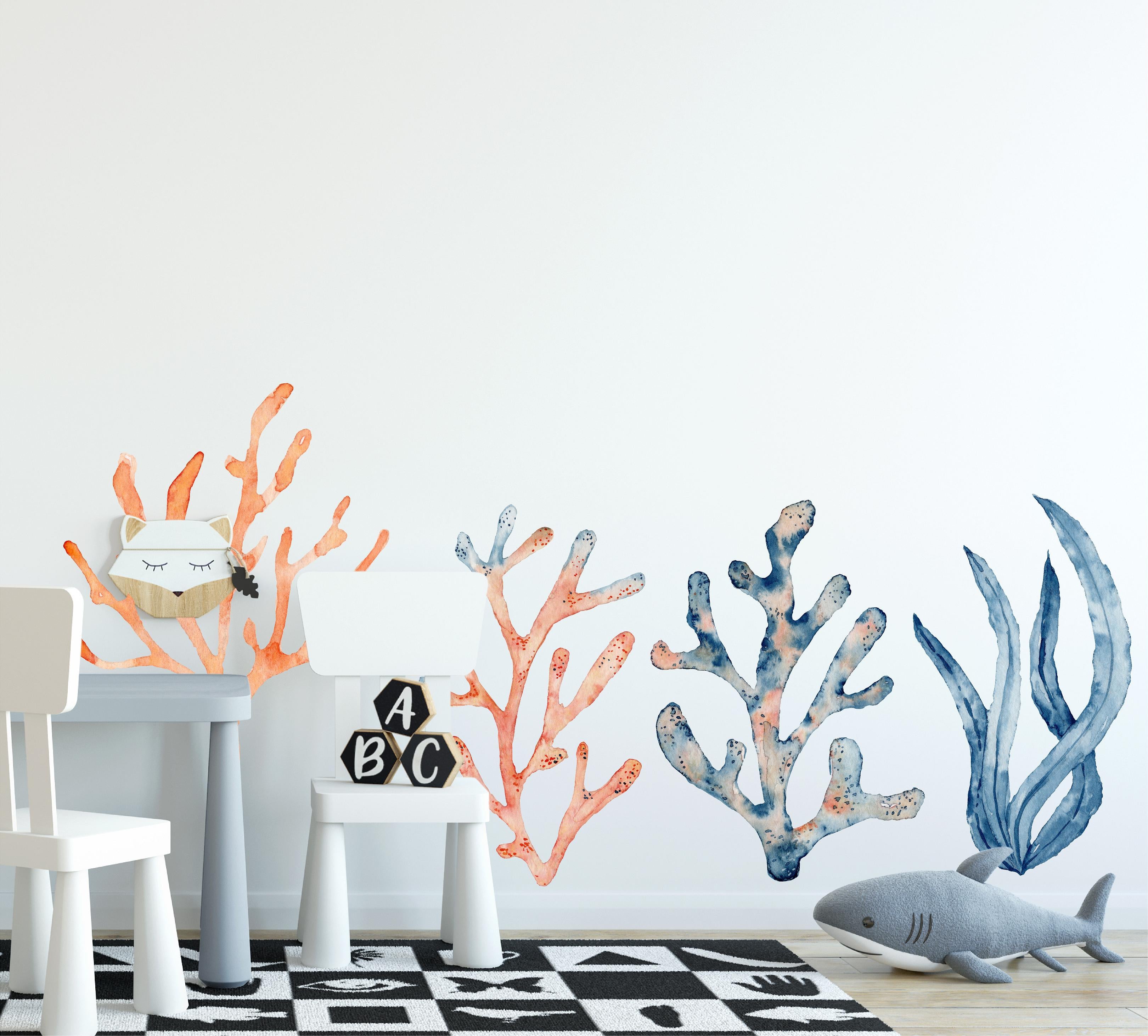 Navy Blue Orange Coral & Seaweed Wall Decal Set of 4 Ocean Sea Life Removable Fabric Wall Sticker | DecalBaby
