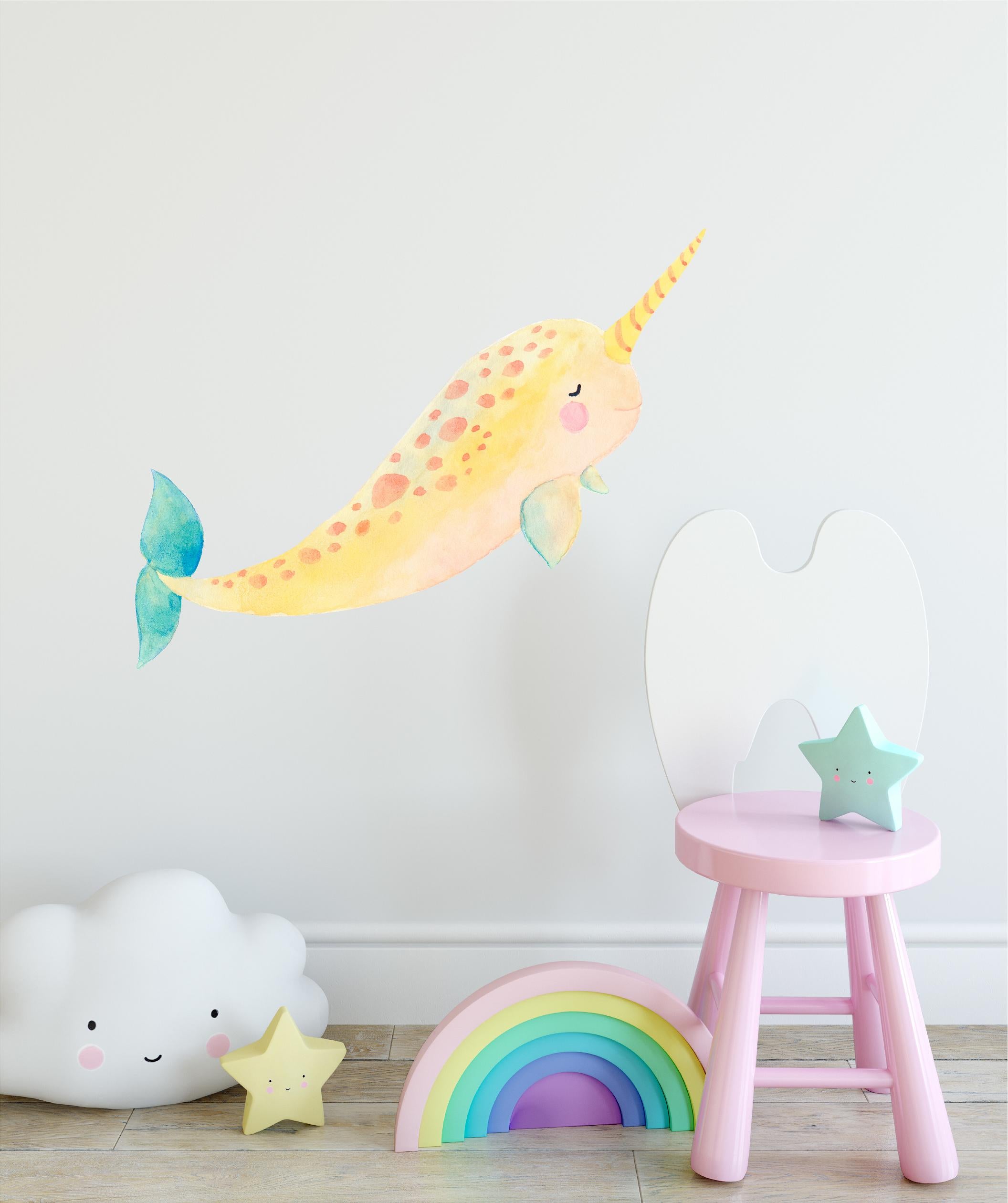 Pastel Narwhal Wall Decal Removable Fabric Vinyl Cute Watercolor Sea Animal Unicorn Wall Sticker | DecalBaby