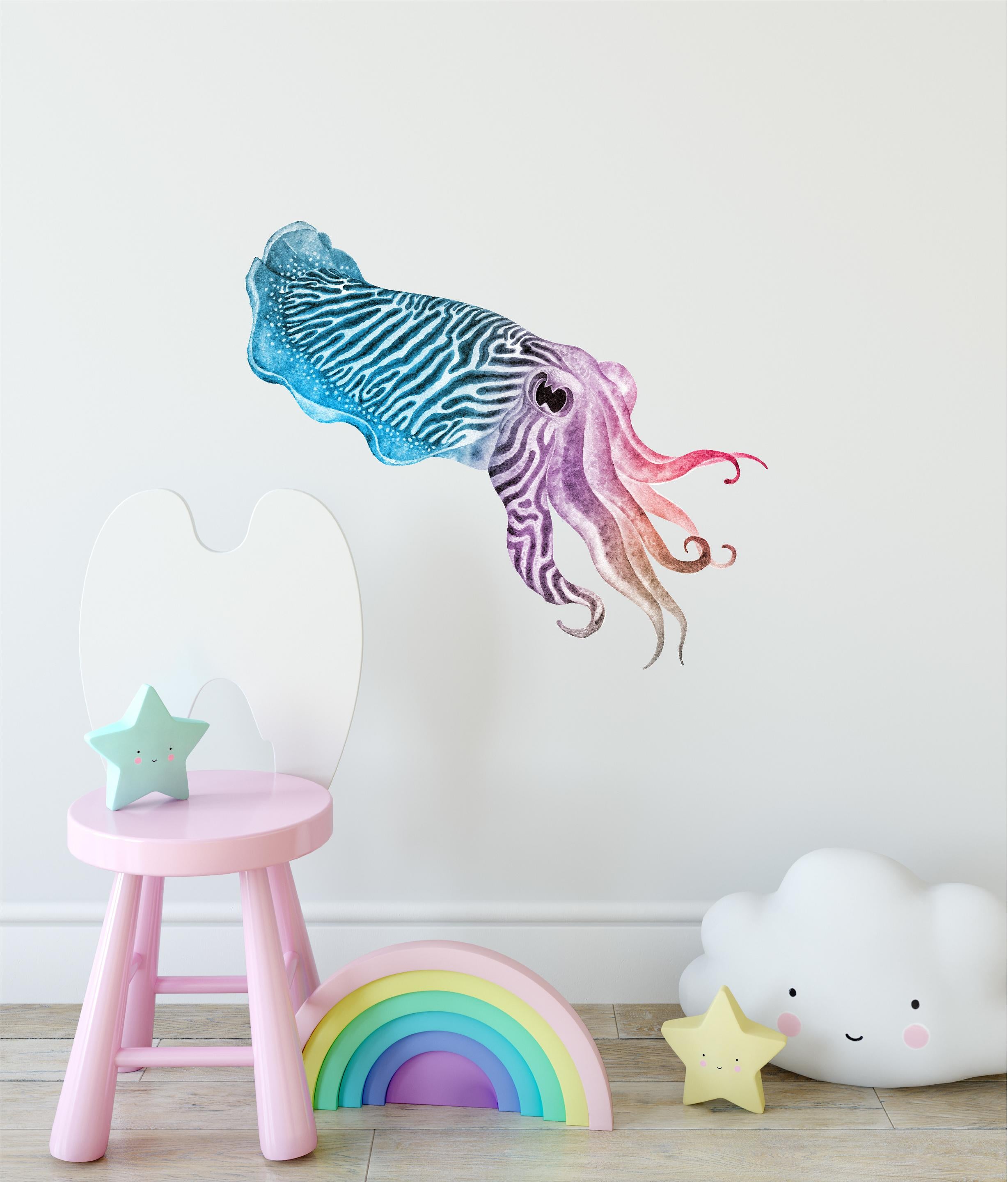 Rainbow Cuttlefish Wall Decal Removable Watercolor Baby Squid Sea Animal Fabric Vinyl Wall Sticker