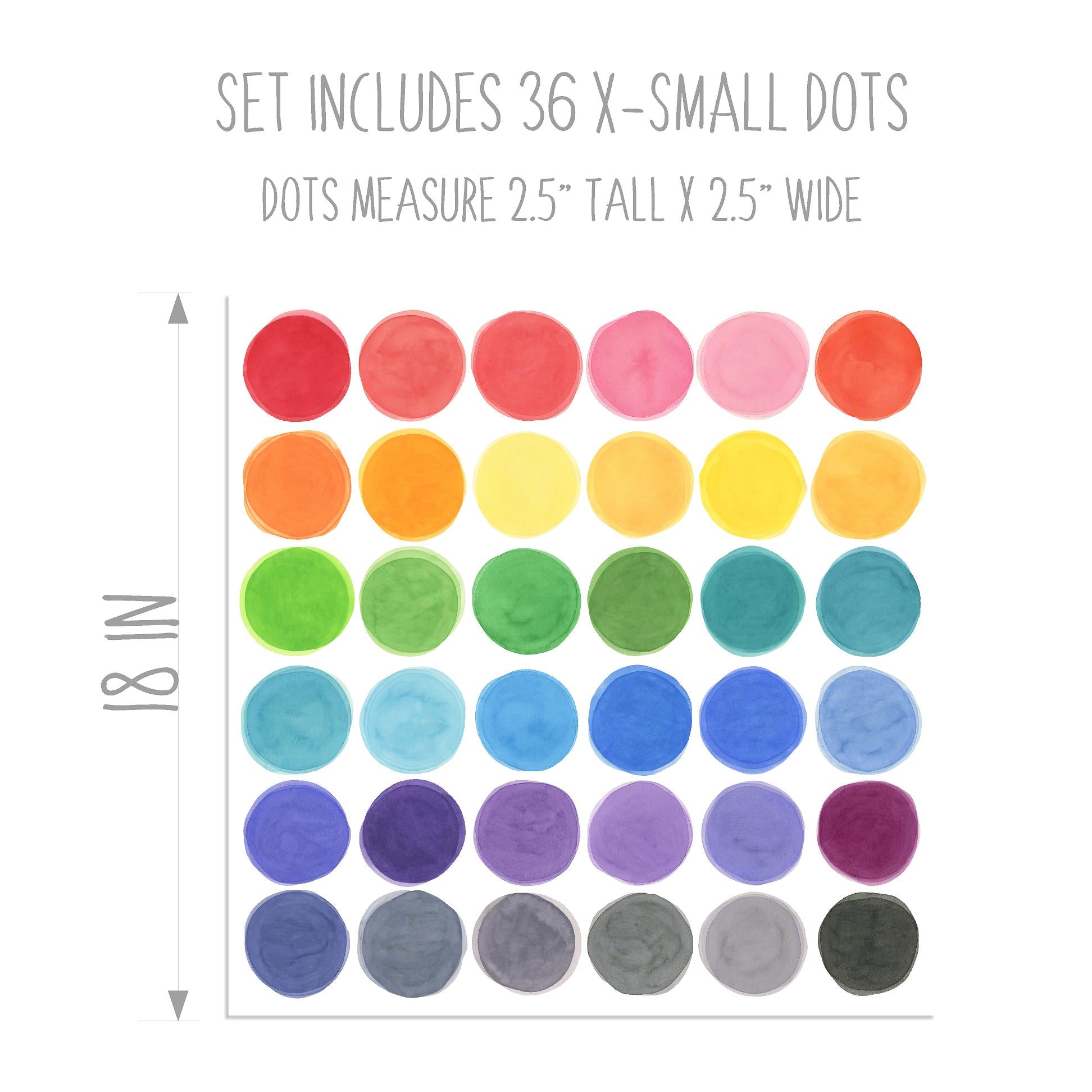 X-SMALL Watercolor Rainbow Dots Wall Decal Set • 36 Dots • Removable Fabric Wall Stickers • Colors of the Rainbow Collection