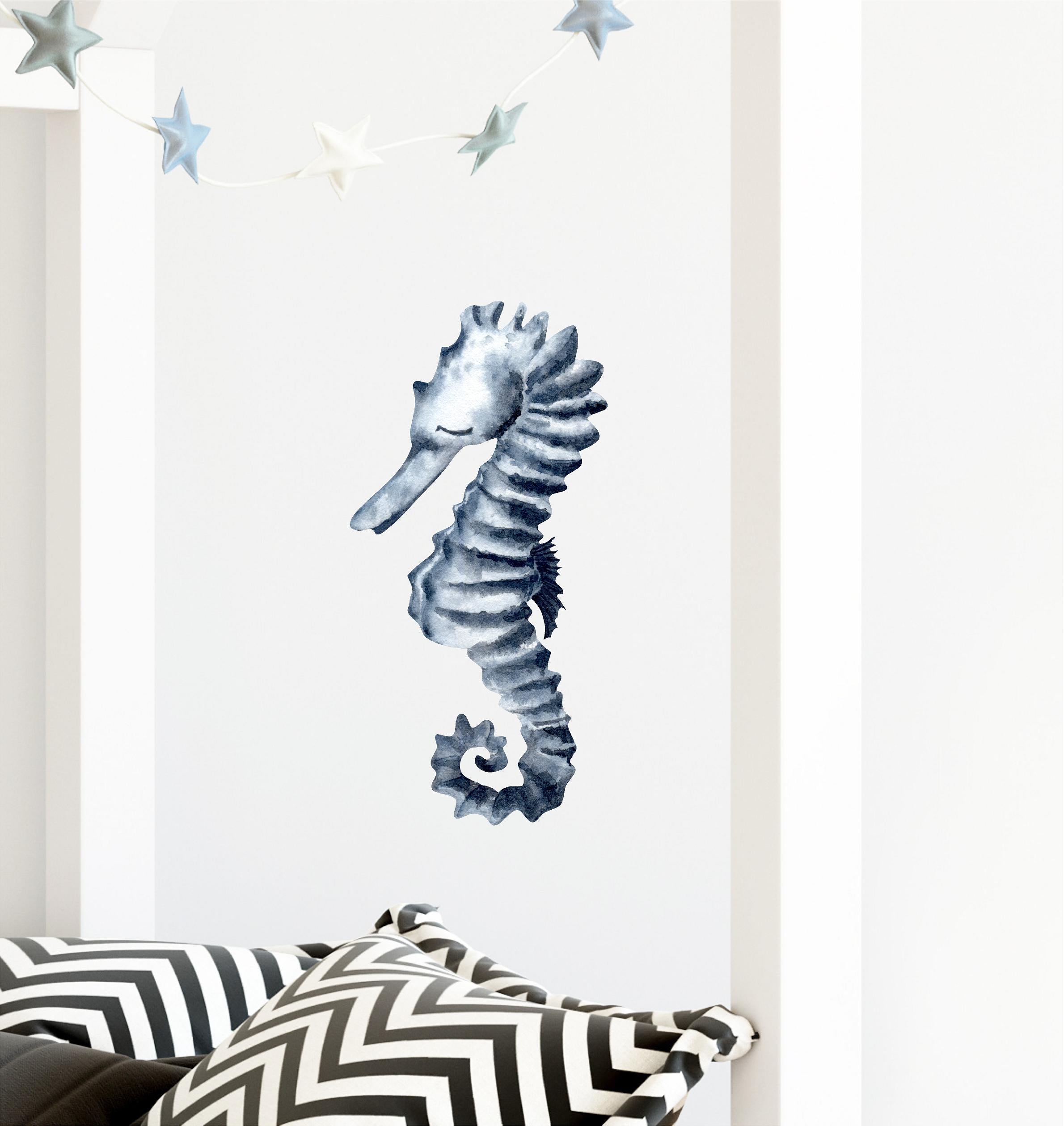 Sleepy Indigo Seahorse Wall Decal Removable Fabric Vinyl Watercolor Blue Sea Animal Marine Fish Wall Sticker | DecalBaby