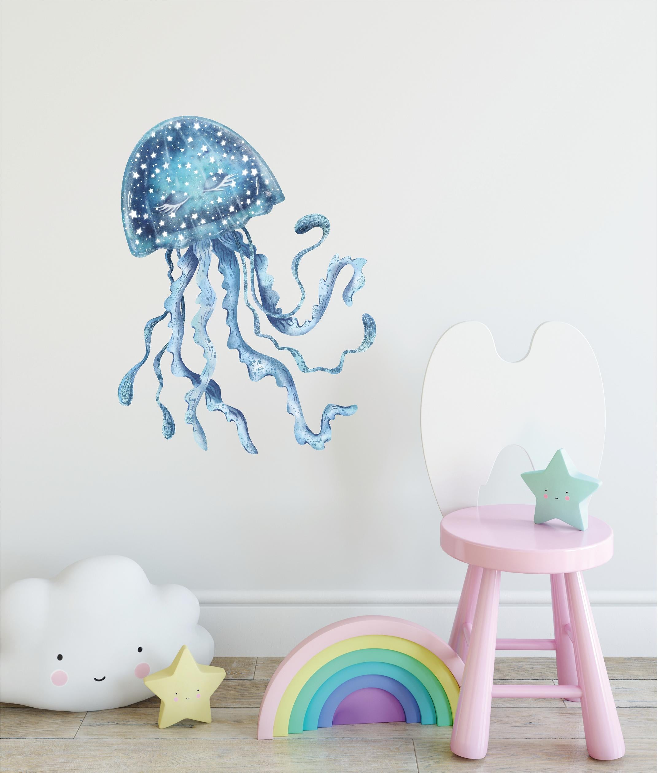 Sleepy Star Jellyfish Wall Decal Removable Fabric Vinyl Watercolor Ocean Sea Animal Whimsical Wall Sticker | DecalBaby