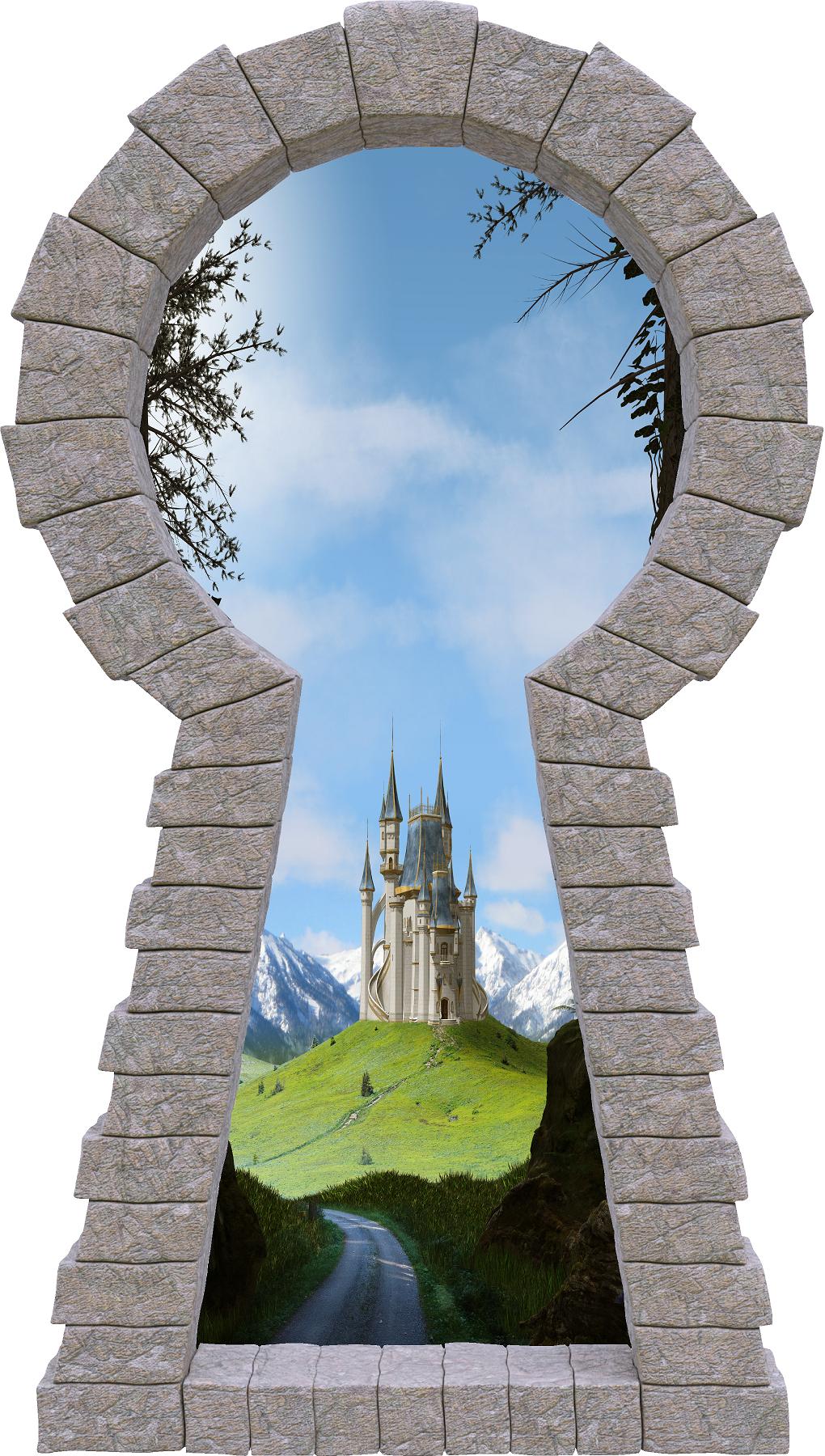 3D Stone Keyhole Wall Decal Castle View from Forest Fairy Tale Princess Brick Window Removable Fabric Vinyl Wall Sticker | DecalBaby