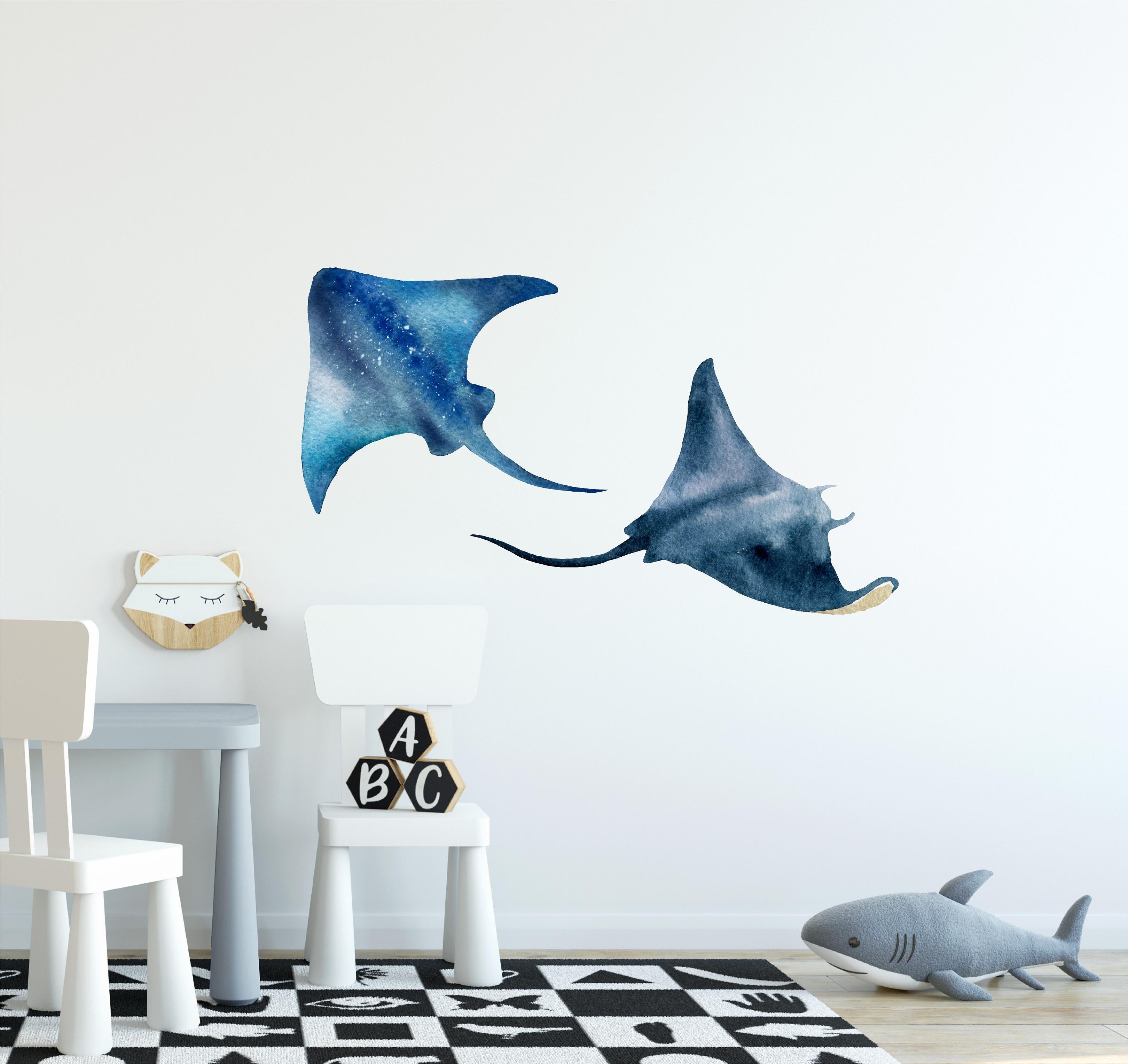 Watercolor Navy Blue Stingrays Wall Decal Set of 2 Sea Ocean Stingray Wall Sticker | DecalBaby