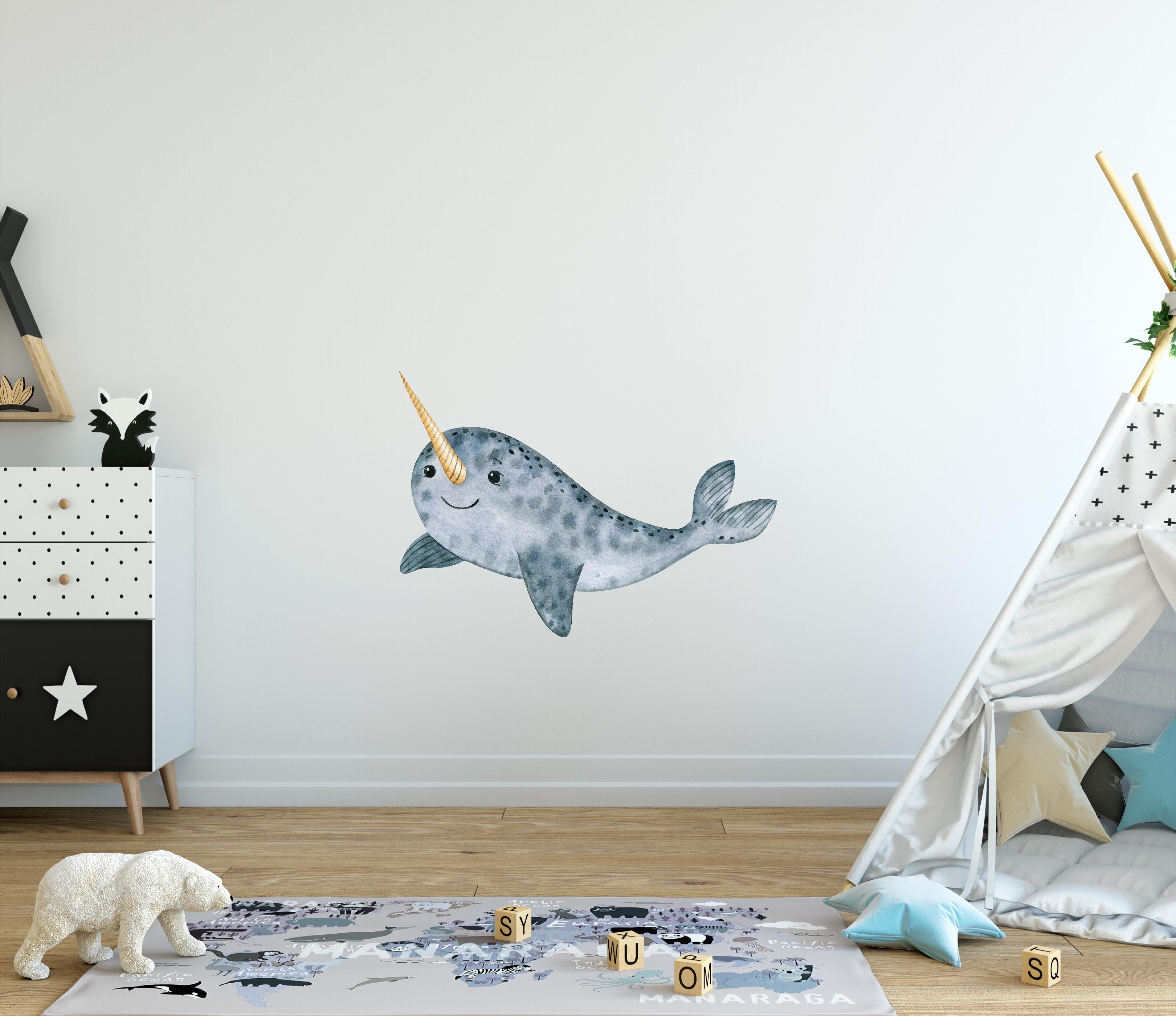 Cartoon Narwhal Whale Wall Decal Removable Fabric Wall Sticker | DecalBaby
