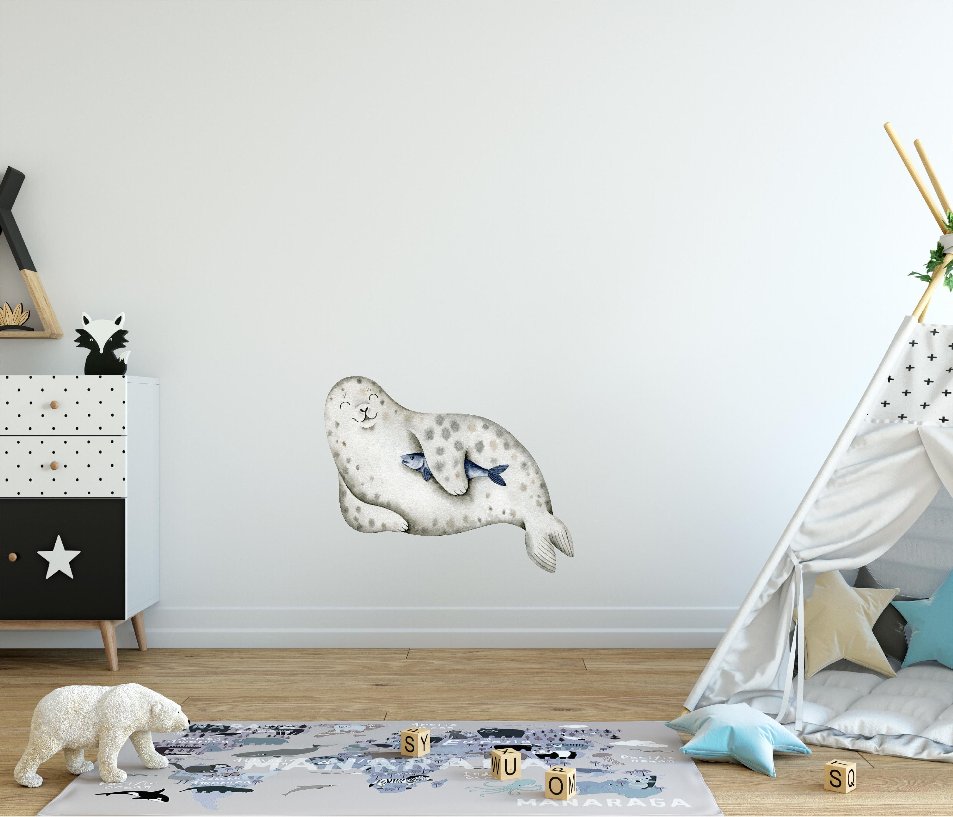 Cartoon Seal Holding Fish Wall Decal Removable Fabric Wall Sticker | DecalBaby