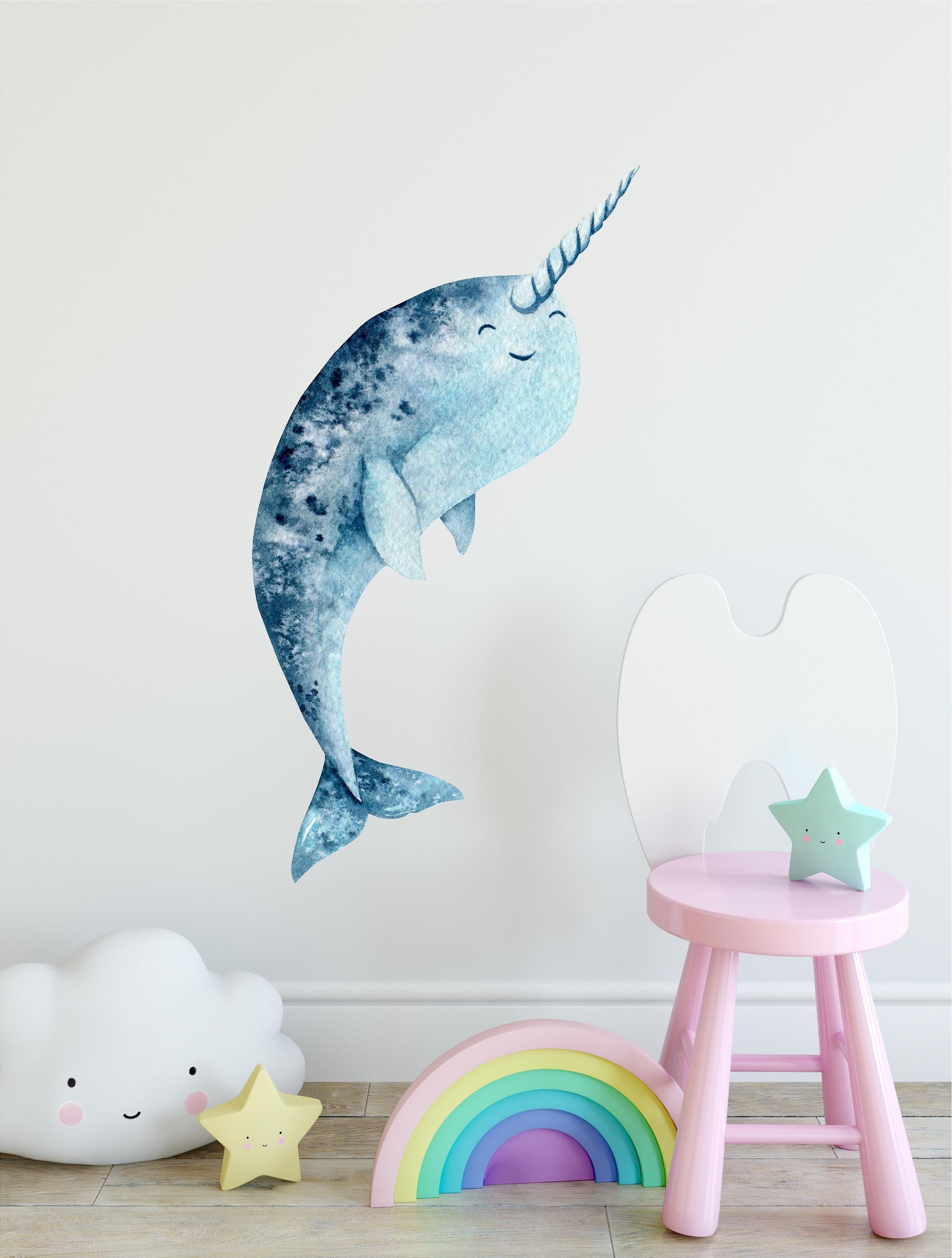 Happy Narwhal Watercolor Wall Decal Removable Fabric Vinyl Wall Sticker