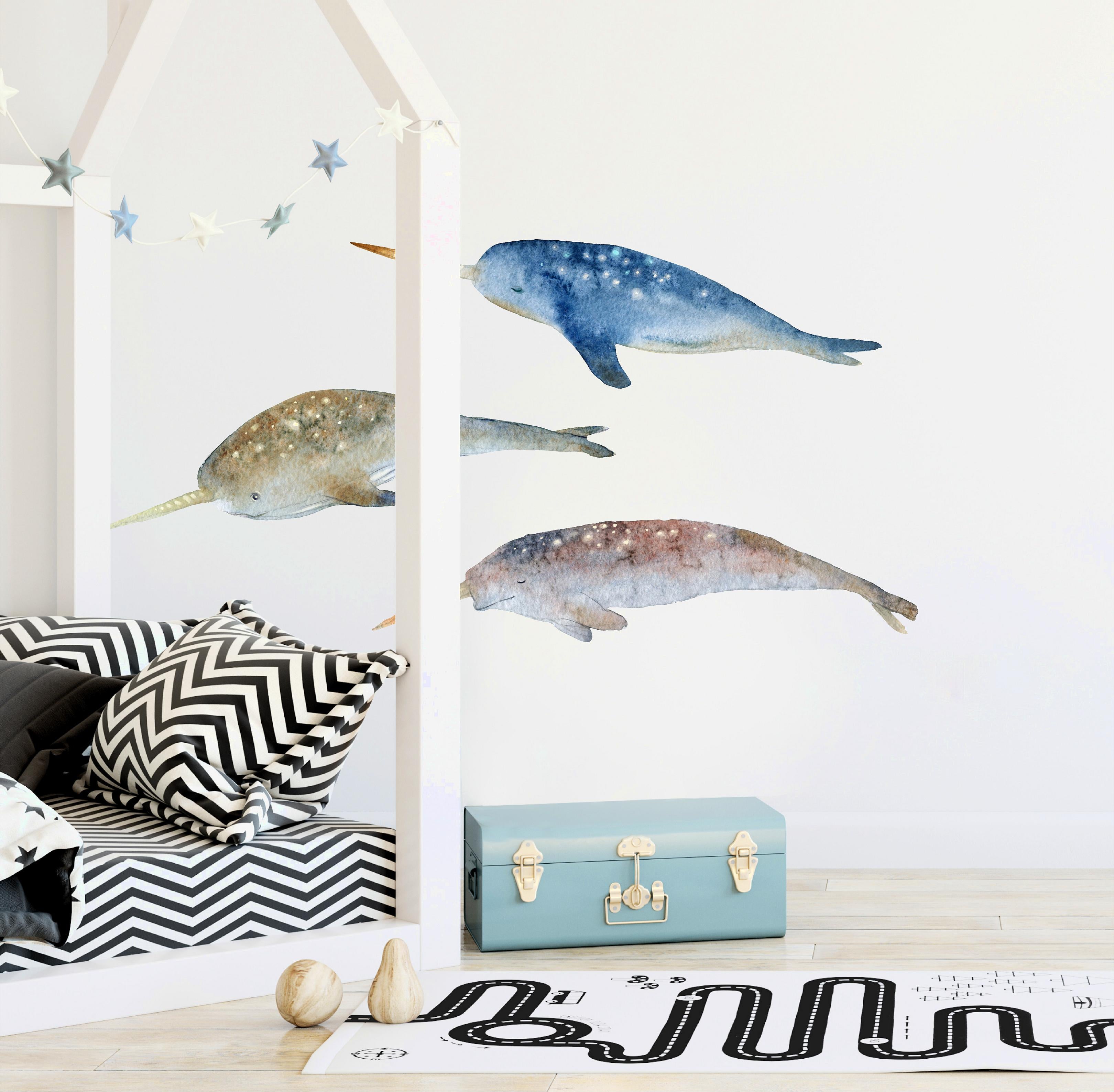 Watercolor Narwhals Wall Decal Set of 3 Fabric Wall Sticker | DecalBaby
