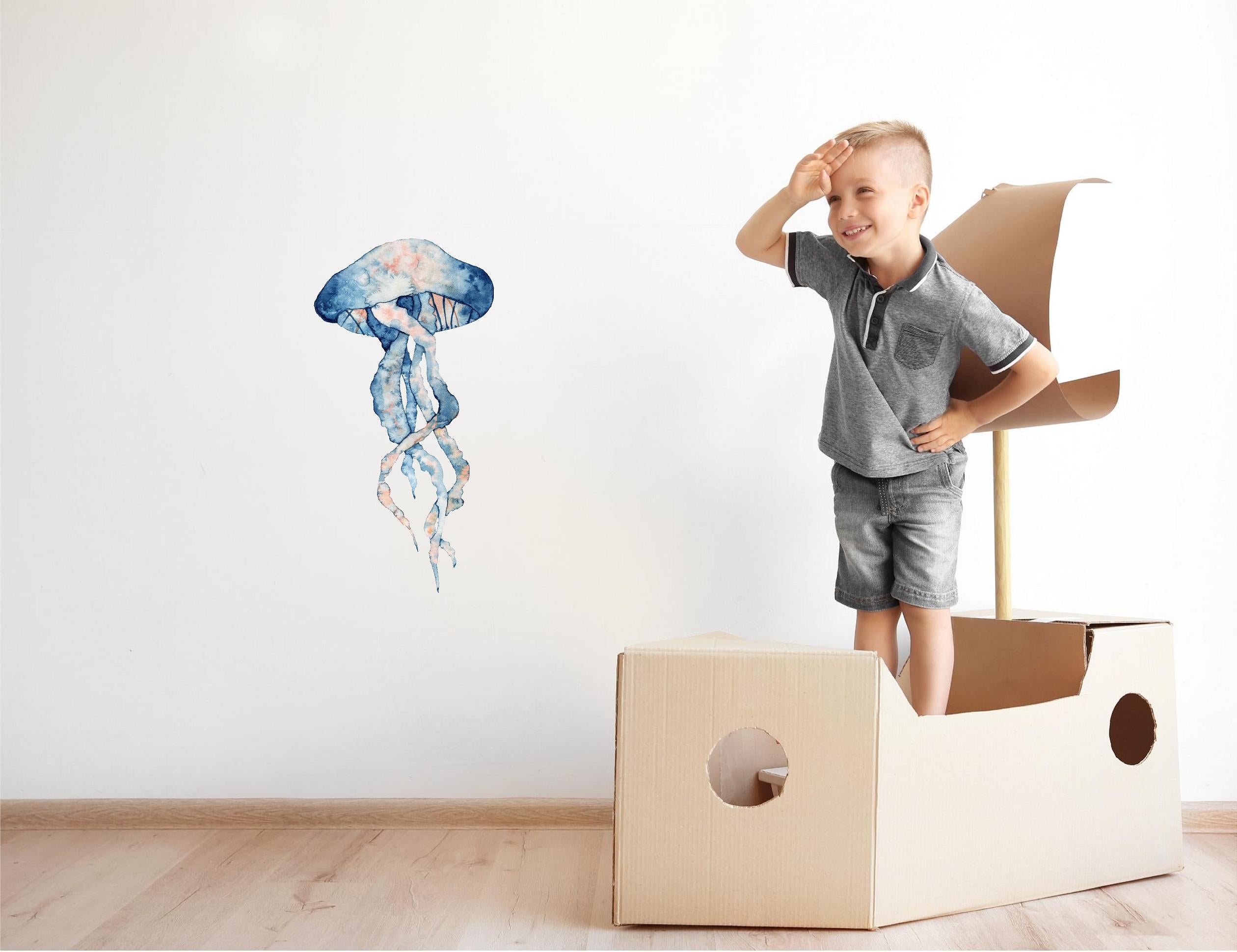 Watercolor Navy Blue & Orange Jellyfish Wall Decal Under the Sea Ocean Fish Wall Sticker | DecalBaby