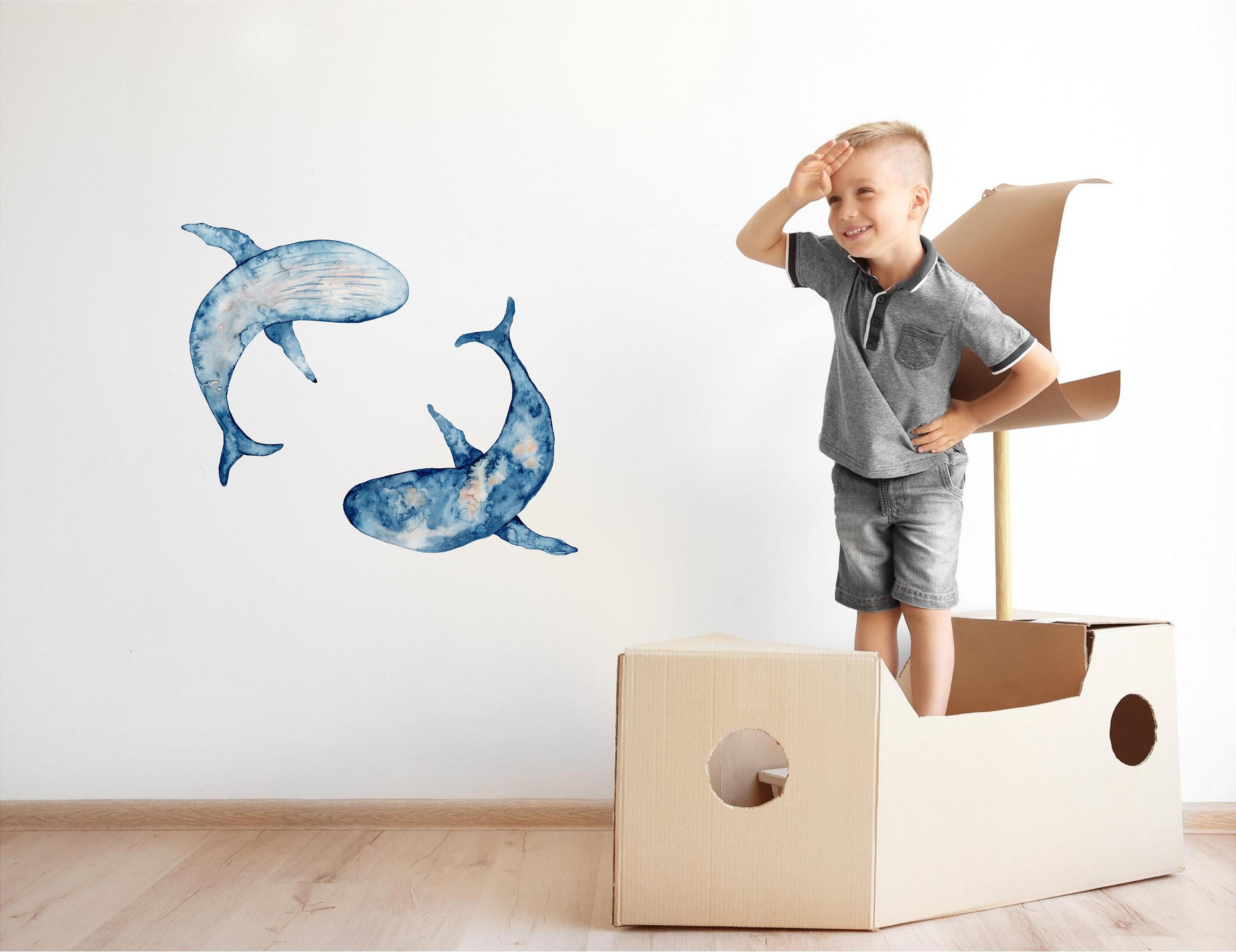 Watercolor Navy Blue Whales Wall Decal Set of 2 Sea Ocean Whale Wall Sticker | DecalBaby