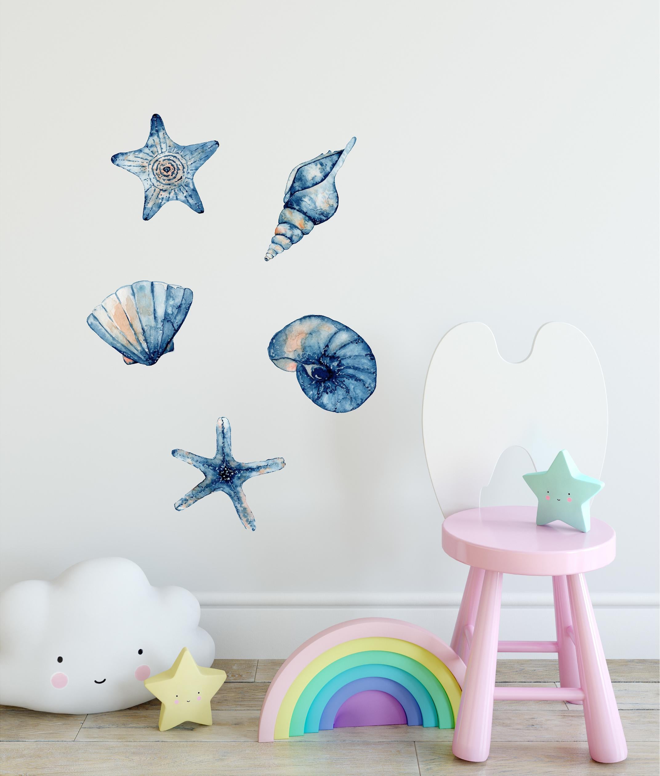 Watercolor Navy Blue Seashells & Starfish Wall Decal Set Ocean Sea Life Wall Art Sticker | DecalBaby