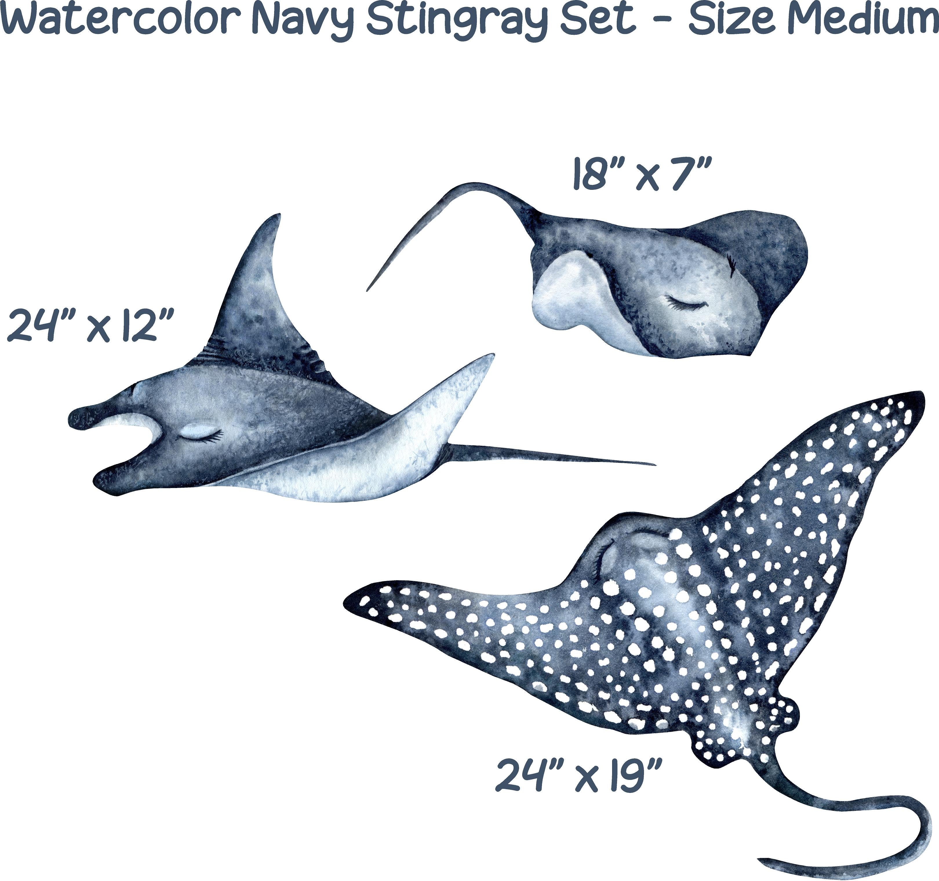 Stingray, Manta Ray & Spotted Eagle Ray Wall Decal Set of 3, Watercolor Navy Stingrays Wall Sticker Sea Ocean Fish | DecalBaby