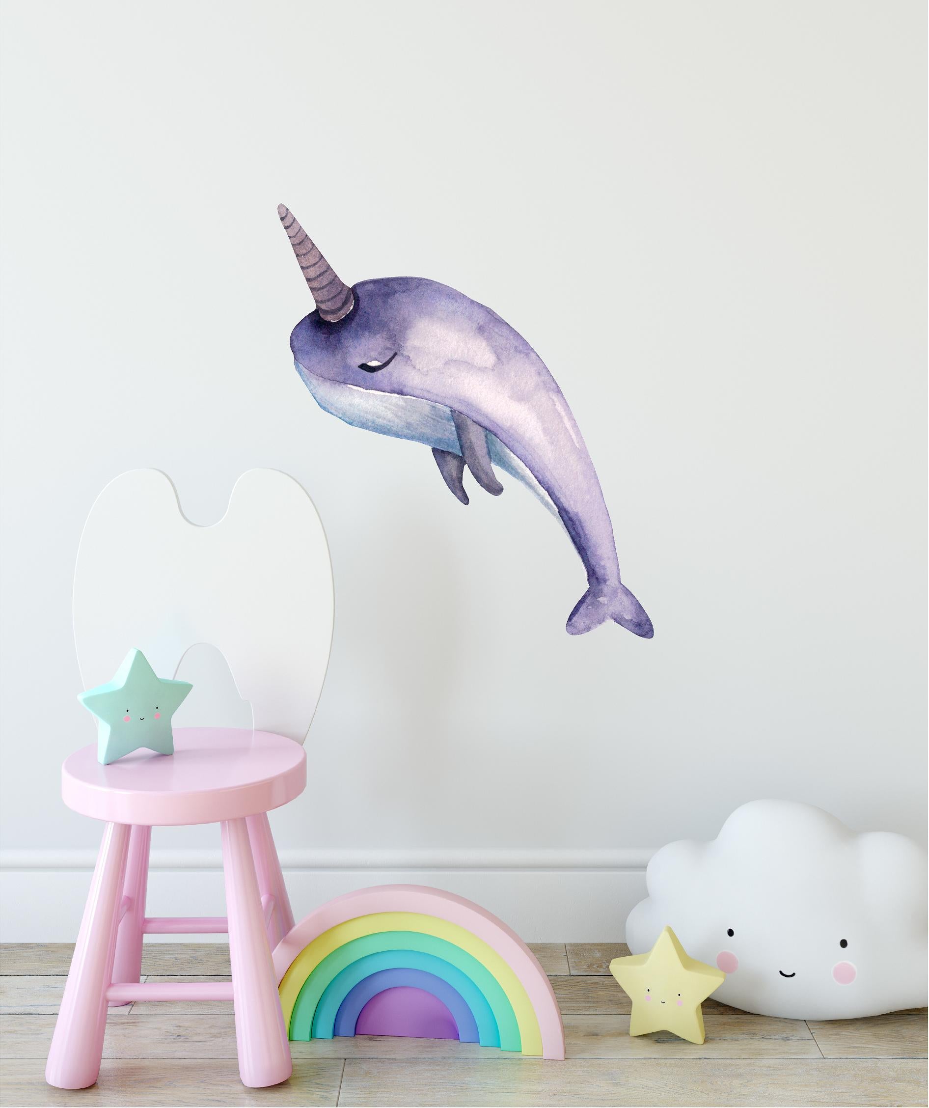 Purple Narwhal Wall Decal Removable Fabric Vinyl Cute Watercolor Sea Animal Unicorn Wall Sticker | DecalBaby