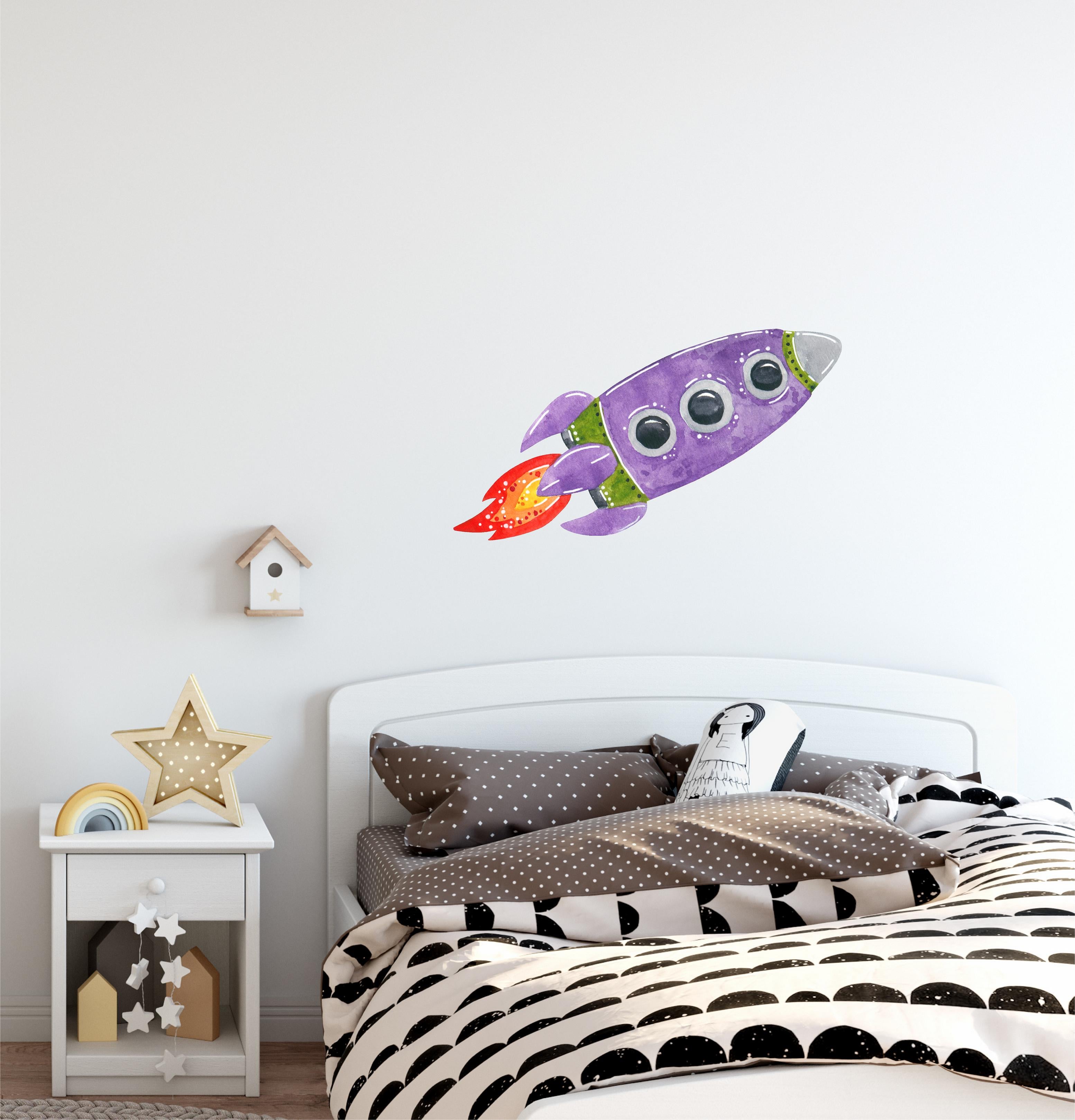 Watercolor Purple Spaceship Wall Decal Space Rocket Wall Sticker Space Ship Fabric Vinyl Wall Sticker | DecalBaby