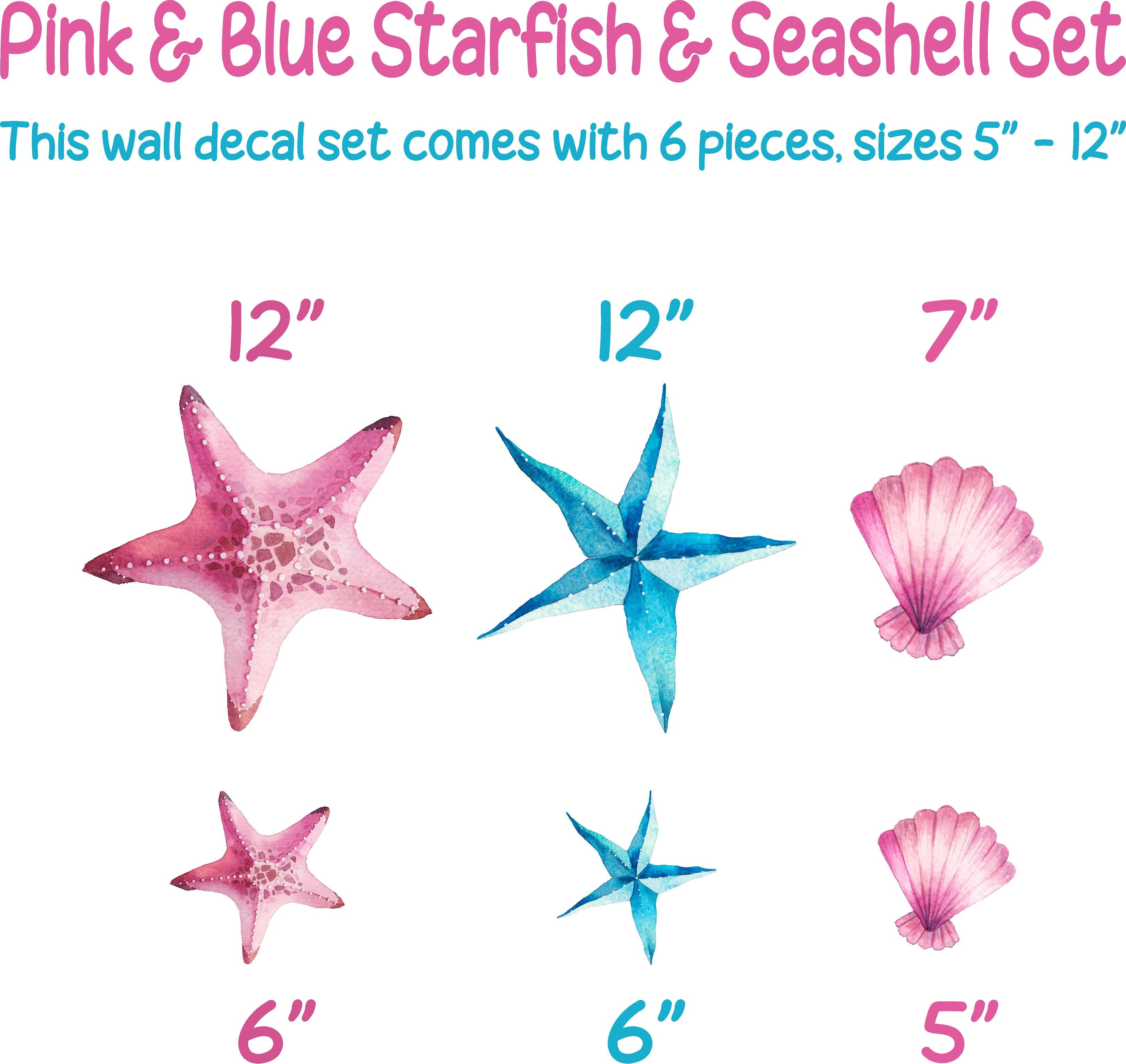Watercolor Pink/Blue Starfish & Seashell Set Wall Decal Set of 6 Ocean Wall Sticker | DecalBaby