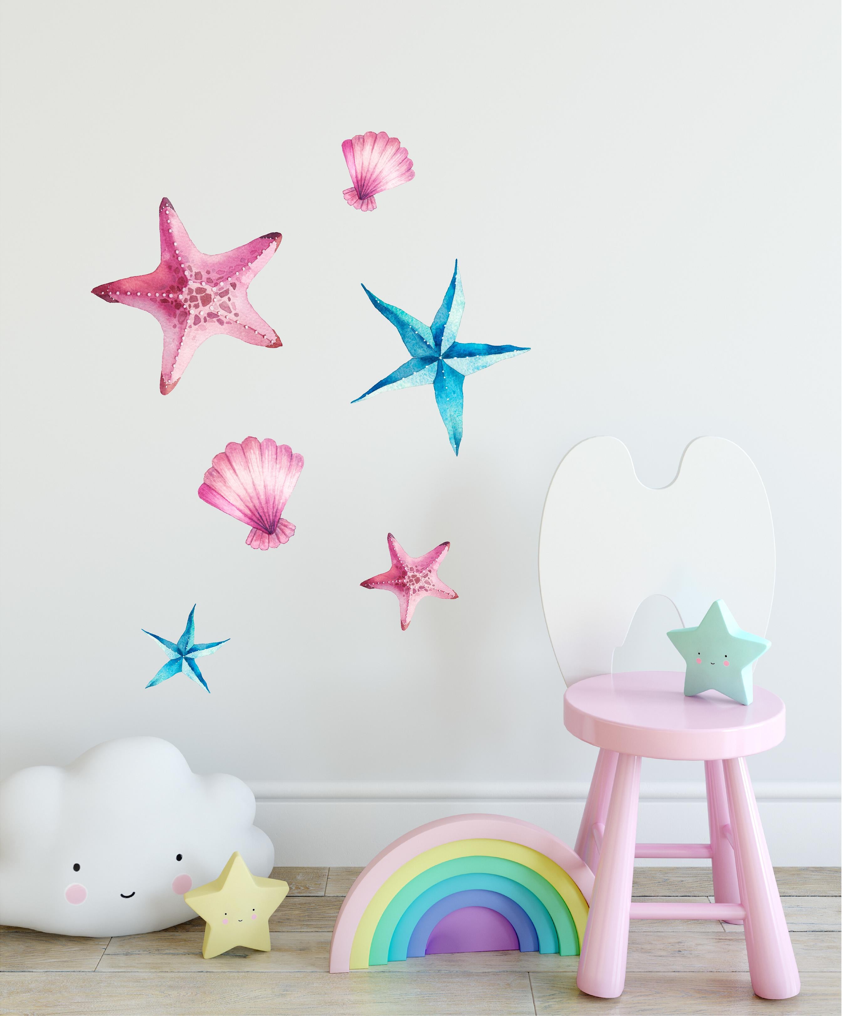Watercolor Pink/Blue Starfish & Seashell Set Wall Decal Set of 6 Ocean Wall Sticker | DecalBaby