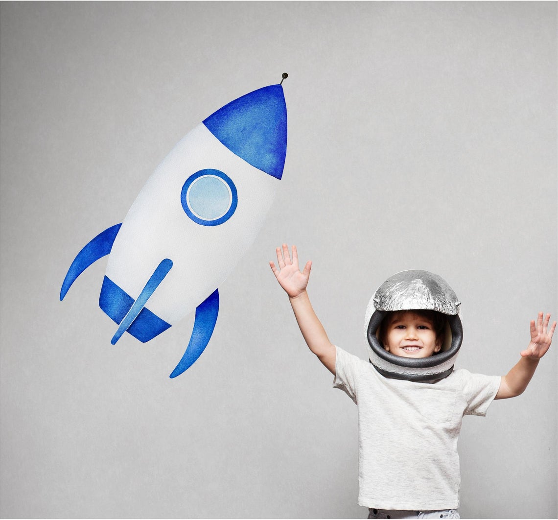 Watercolor Blue Spaceship Wall Decal Space Rocket Wall Sticker Space Ship Fabric Vinyl Wall Sticker | DecalBaby