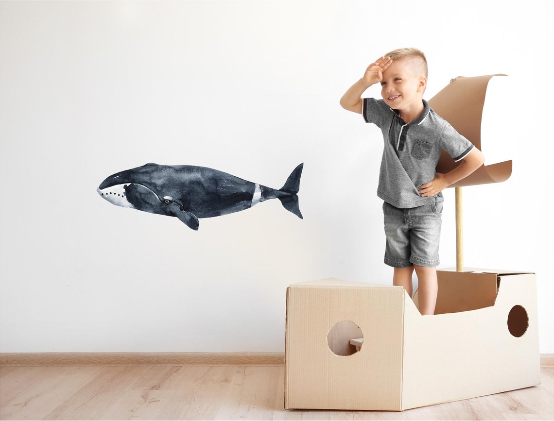 Watercolor Bowhead Whale Wall Decal Removable Fabric Vinyl Ocean Deep Sea Animal Wall Sticker | DecalBaby