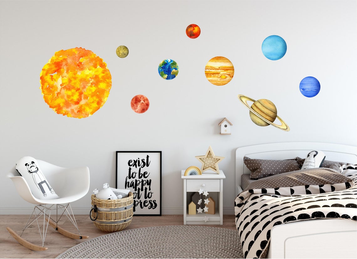 Watercolor Planets Space Wall Decal Set Solar System Planet Wall Stickers | DecalBaby