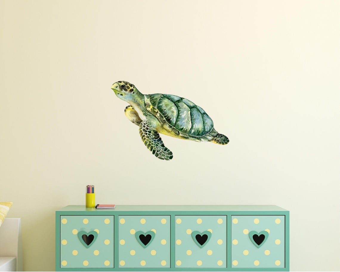 Green Sea Turtle Wall Decal Removable Watercolor Sea Animal Fabric Vinyl Wall Sticker | DecalBaby