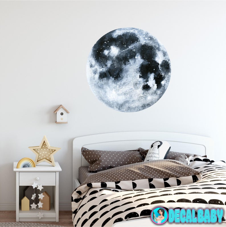 Moon Wall Decal Removable Watercolor Solar System Planets Space Fabric Vinyl Wall Sticker Boys Nursery
